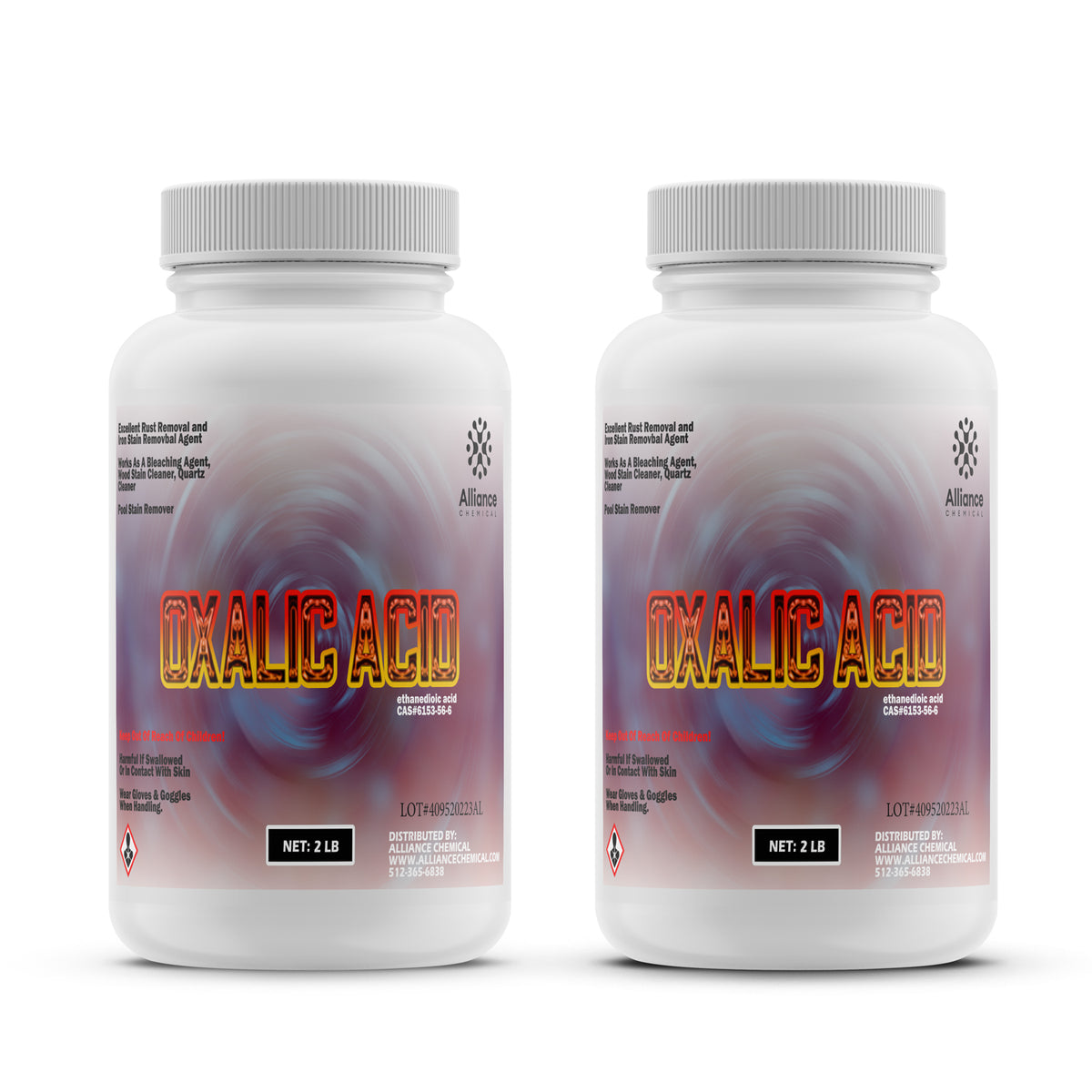 2-lb bottles of Oxalic Acid dihydrate, industrial rust and stain remover in HDPE containers, Alliance Chemical brand