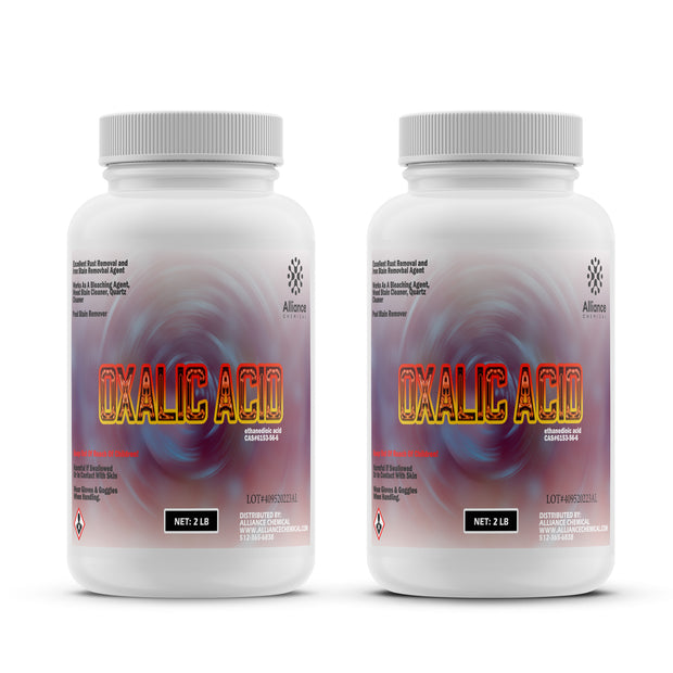 2-lb bottles of Oxalic Acid dihydrate, industrial rust and stain remover in HDPE containers, Alliance Chemical brand