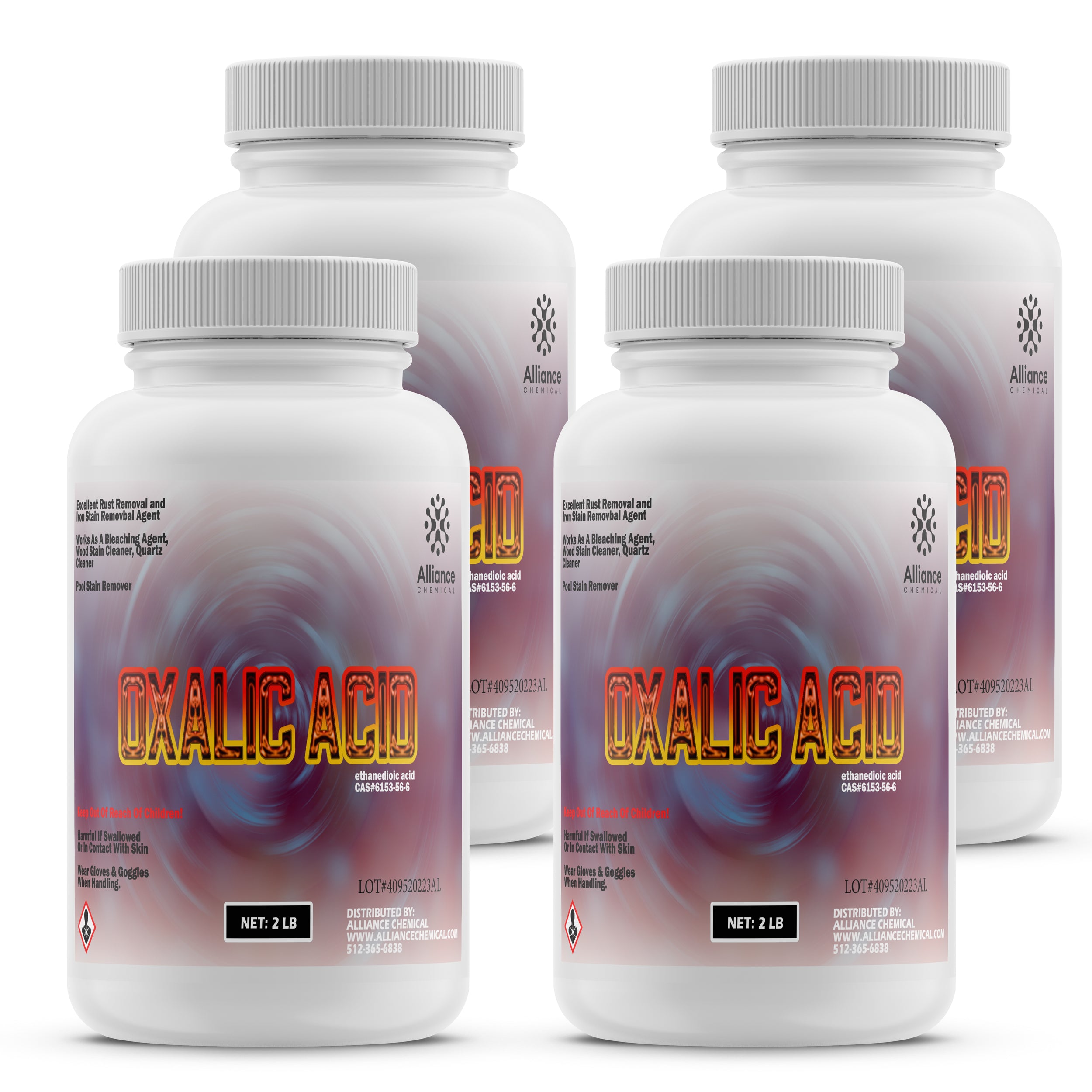 2-lb bottles of Oxalic Acid dihydrate, ethanedioic acid in white HDPE containers with hazard symbols, rust removal agent, 4-pack from Alliance Chemical.