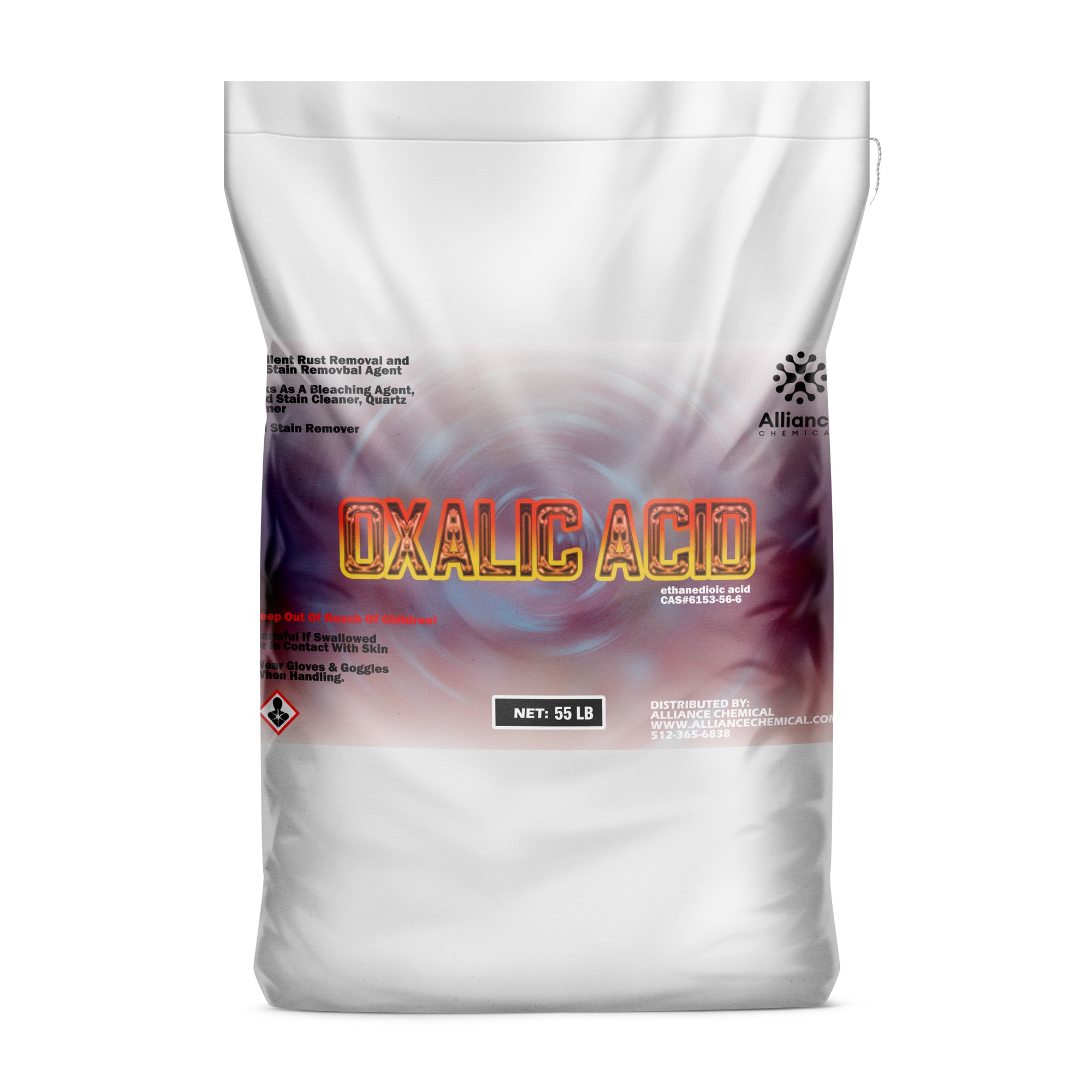 55lb industrial oxalic acid (ethanedioic acid) in white polyethylene bag with GHS hazard symbol, rust/stain removal agent, Alliance Chemical branded.