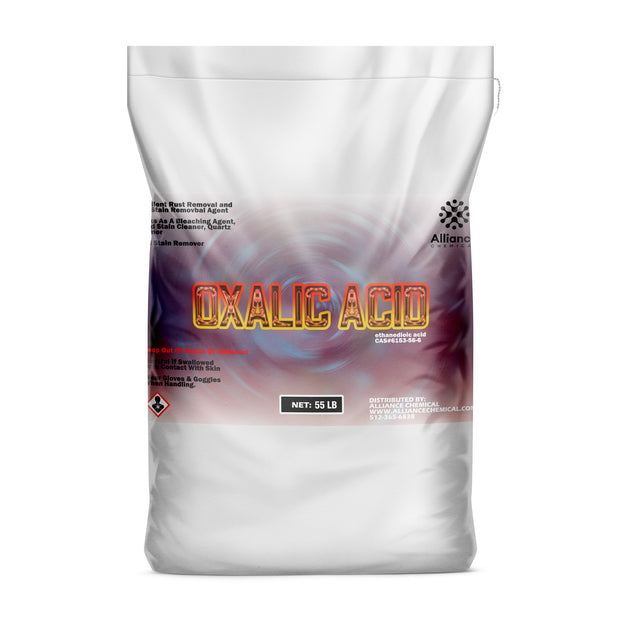 55 lb bag of Alliance Chemical Oxalic Acid, Dihydrate - Ethanedioic Acid with a sealed top and product label.