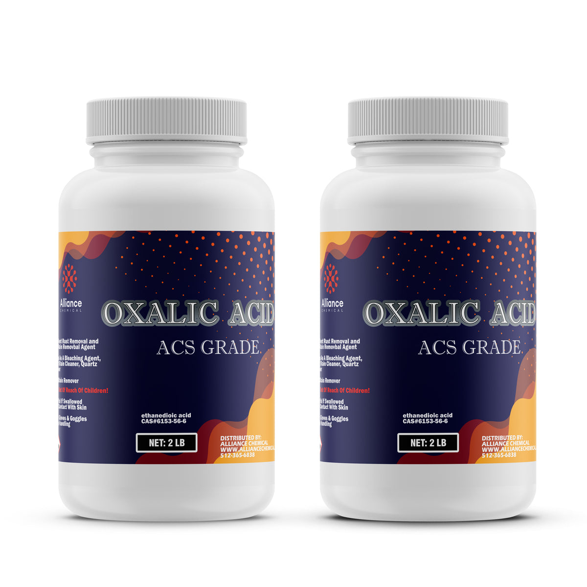 2-lb bottles of ACS-grade Oxalic Acid (ethanedioic acid) in HDPE containers, distributed by Alliance Chemical