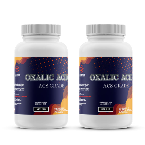 2-lb bottles of ACS-grade Oxalic Acid (ethanedioic acid) in HDPE containers, distributed by Alliance Chemical