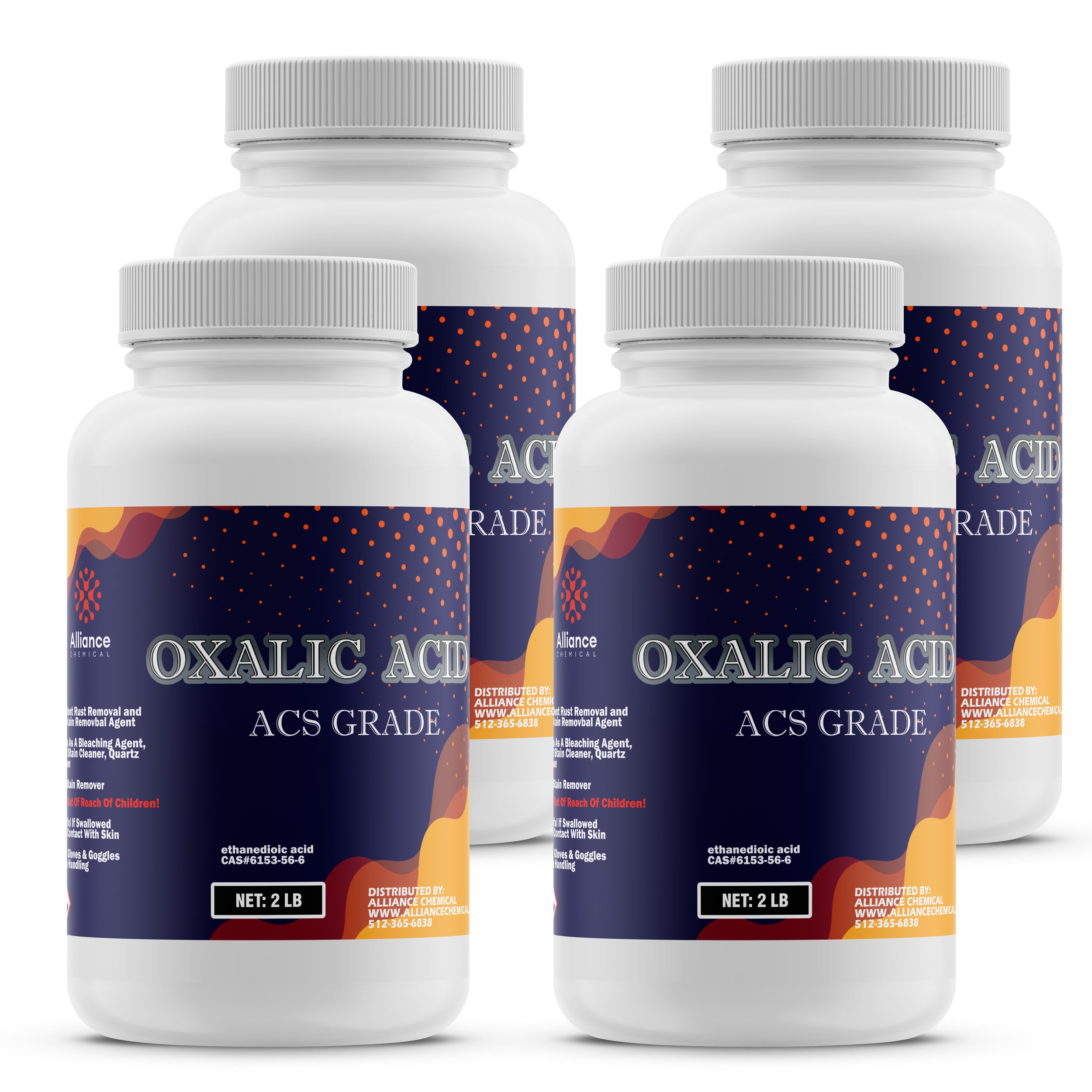 2-lb bottles of ACS-grade Oxalic Acid (ethanedioic acid) in white HDPE containers with safety warnings, distributed by Alliance Chemical, 4-pack.