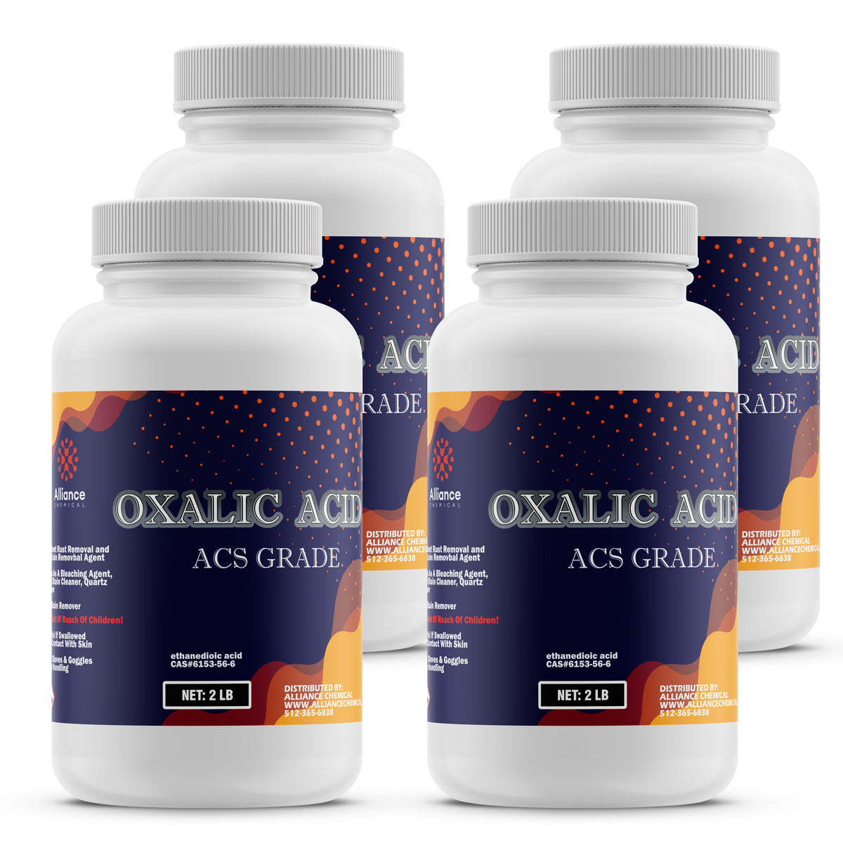 2-lb bottles of ACS-grade Oxalic Acid (ethanedioic acid) in HDPE containers, distributed by Alliance Chemical, 4-pack