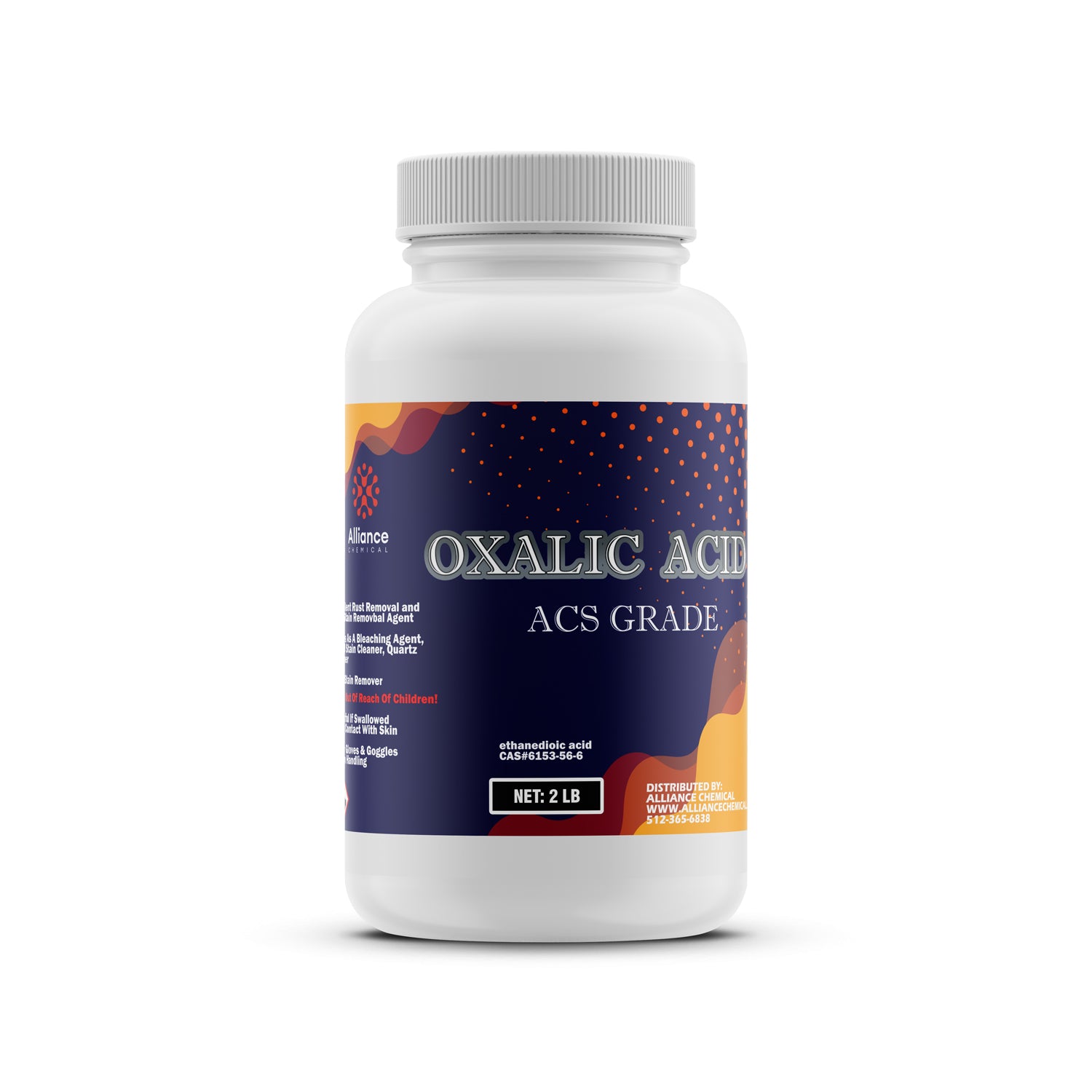 2-lb Oxalic Acid ACS Grade in white HDPE bottle, featuring Alliance Chemical branding, navy/orange label design, and standard safety warnings for chemical handling.