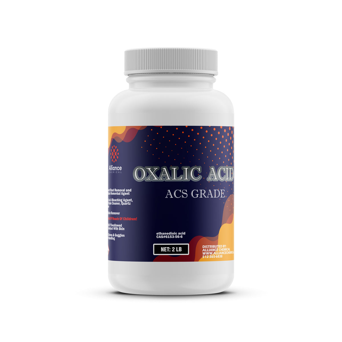 Alliance Chemical 2-lb Oxalic Acid ACS Grade in HDPE bottle navy/orange label design, and standard safety warnings