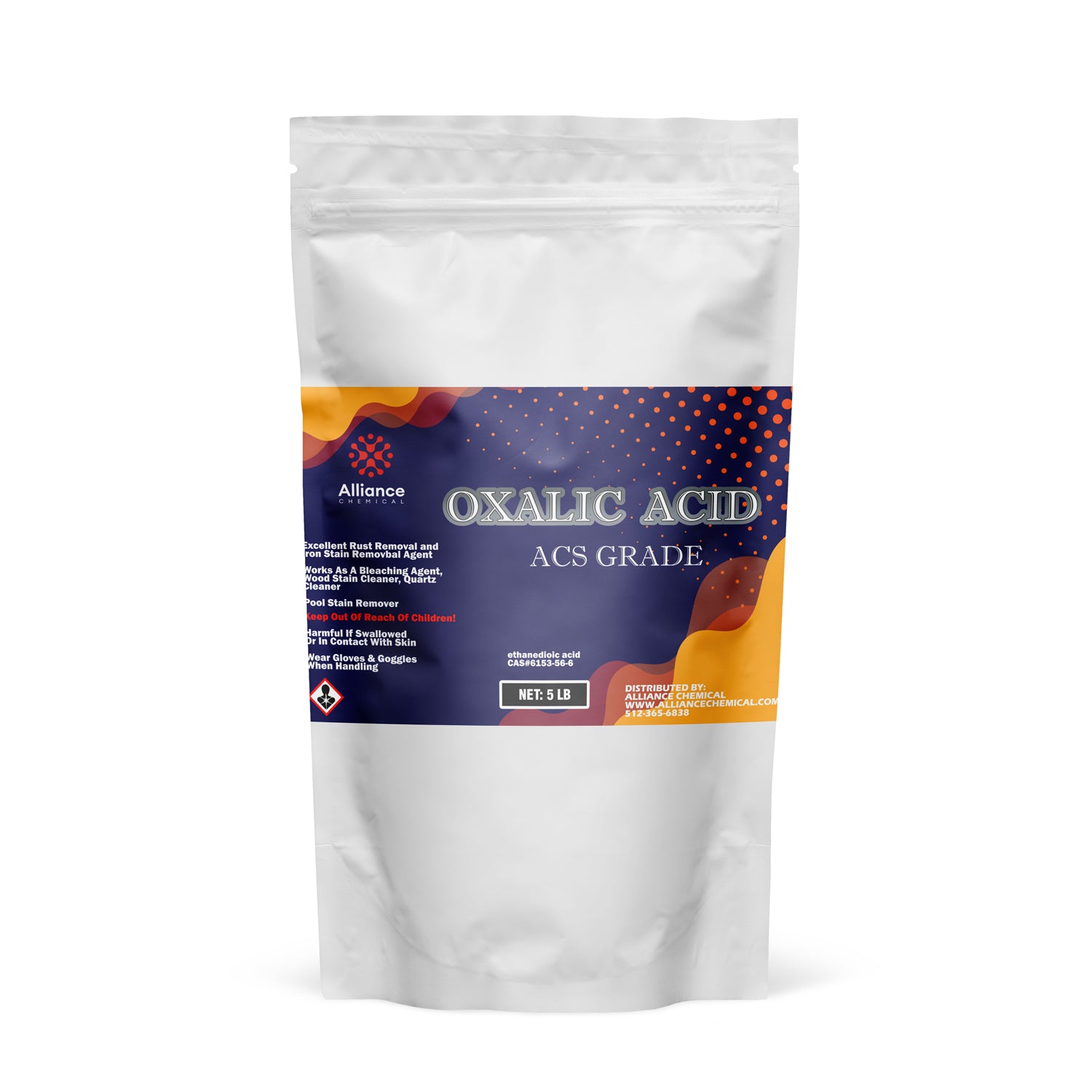 5 lb ACS-grade oxalic acid in resealable white pouch, featuring corrosive hazard symbol, rust/stain removal specifications, and safety warnings.