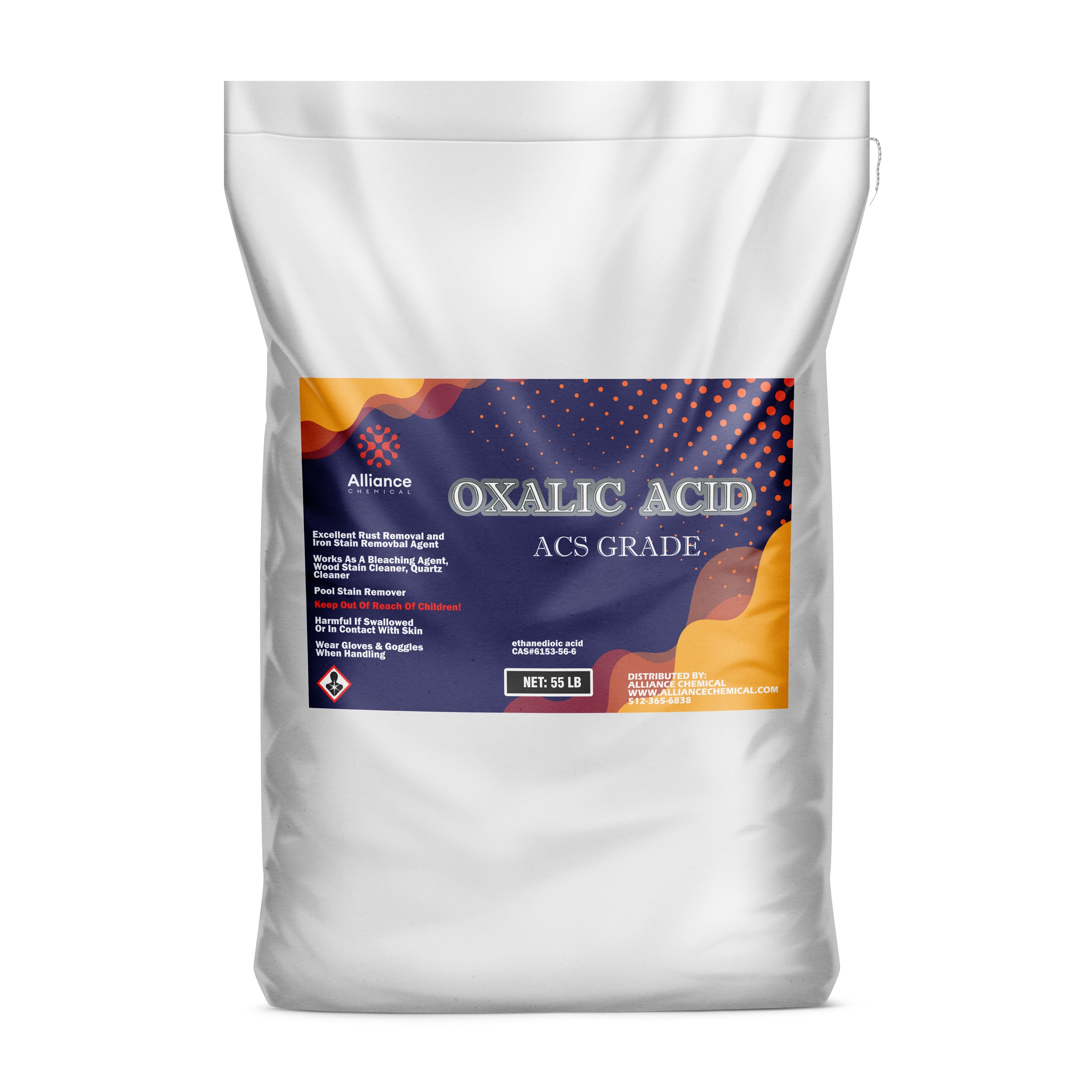55lb ACS-grade oxalic acid in white industrial bag, featuring hazard warning symbol, rust/stain removal specifications, and safety handling instructions.
