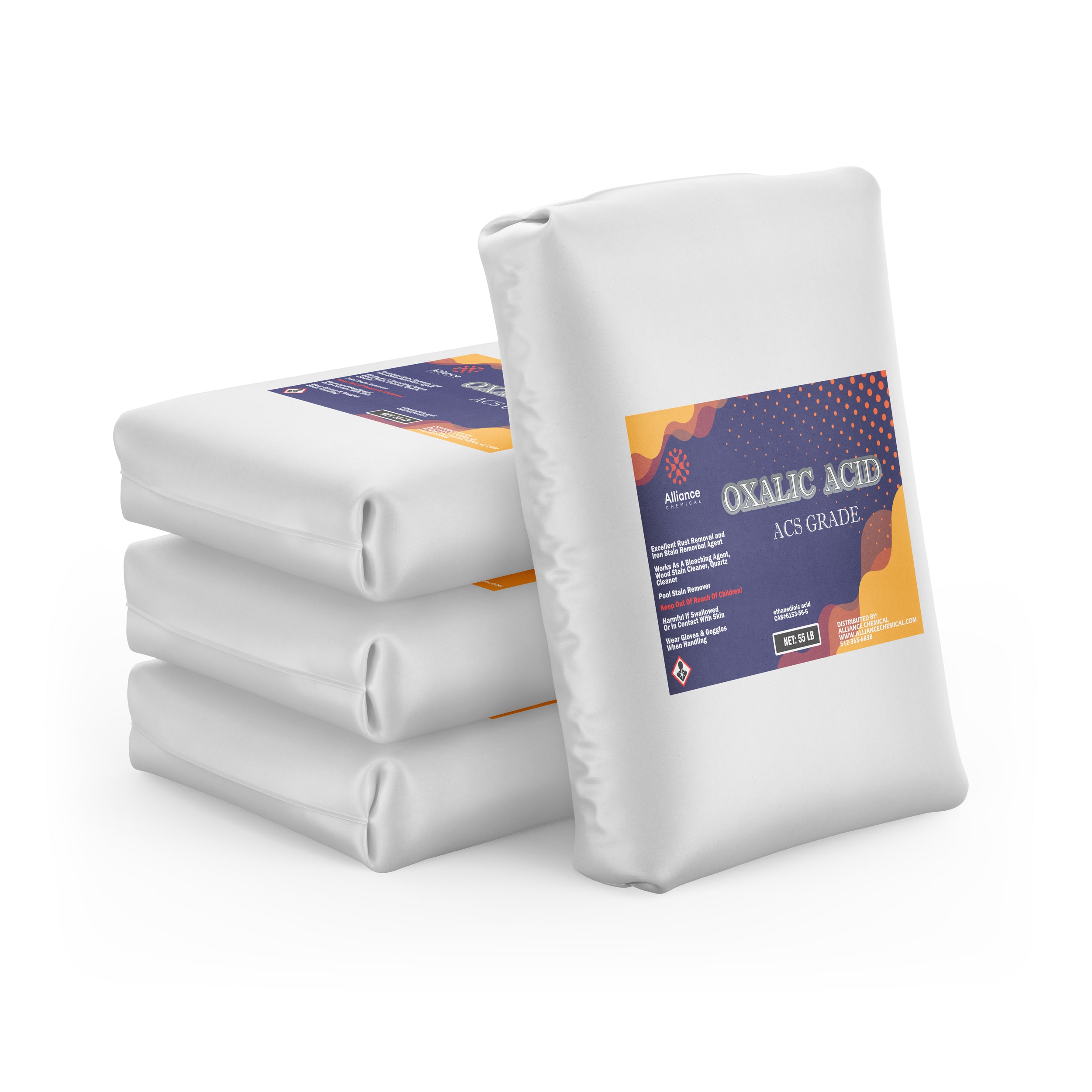 55lb ACS-grade oxalic acid in white industrial bags, Alliance Chemical branded packaging with navy-orange label, stacked configuration for pallet delivery.