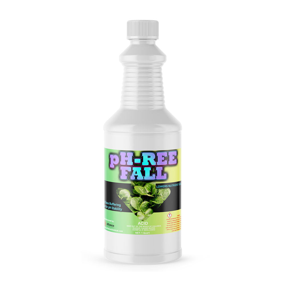 1-quart bottle of pH-REE Fall phosphoric acid buffering solution with ribbed container design, acid warning symbol, and leafy green label graphics.