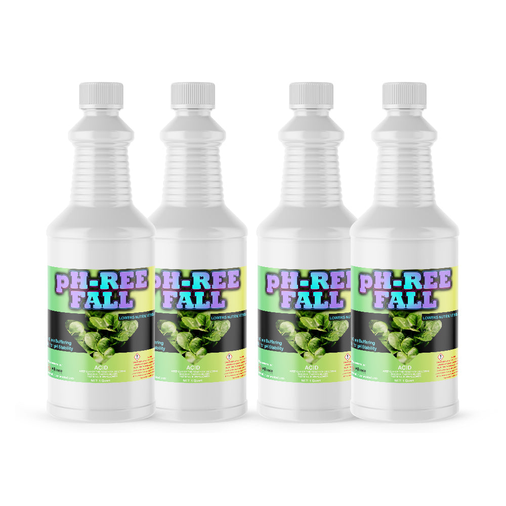 4-quart set of pH-Ree Fall phosphoric acid buffering solution in white HDPE bottles with safety labels, green leaf design, pH stability control.