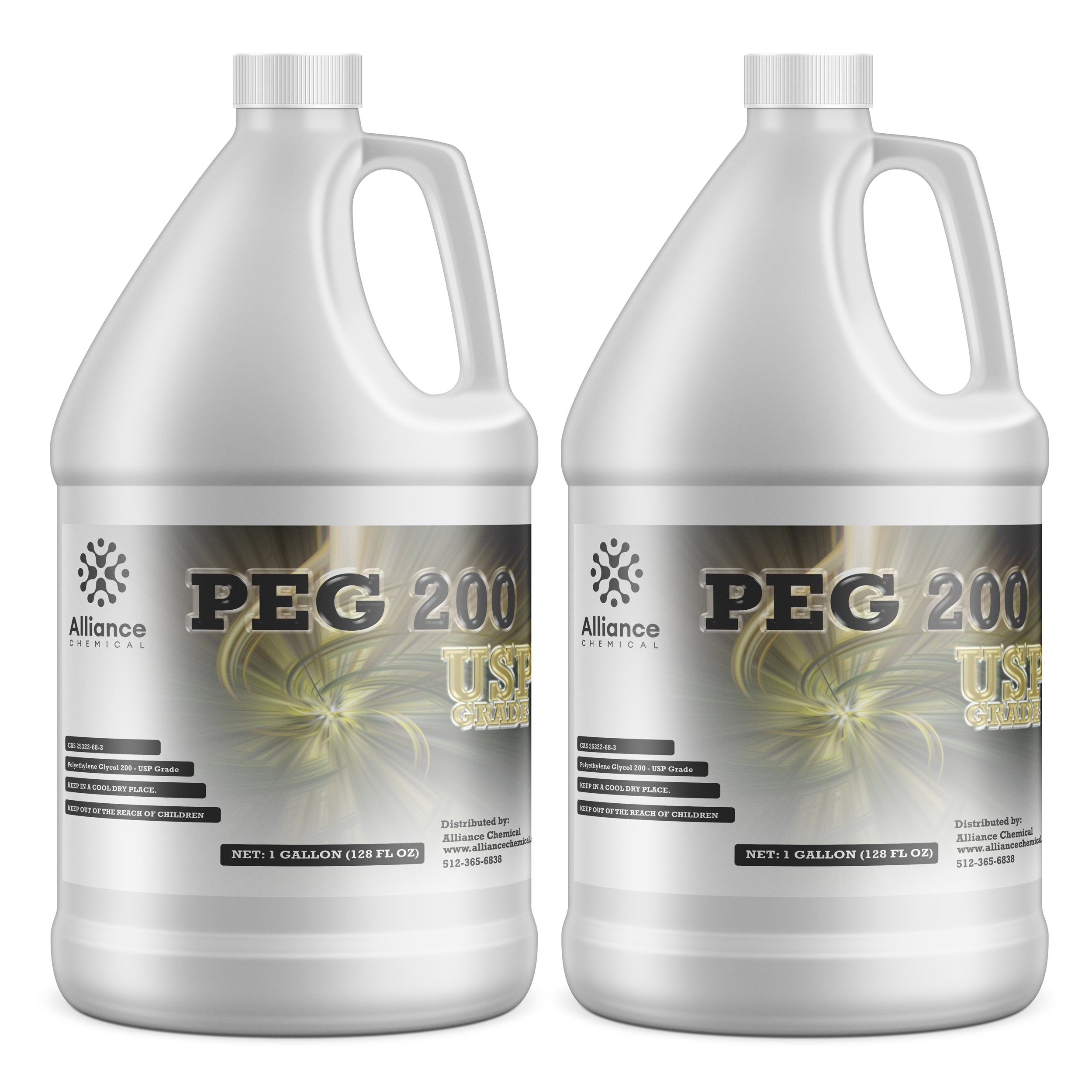 1-gallon HDPE jugs of PEG 200 USP-grade polyethylene glycol by Alliance Chemical, featuring safety warnings and industrial label design with swirl motif.