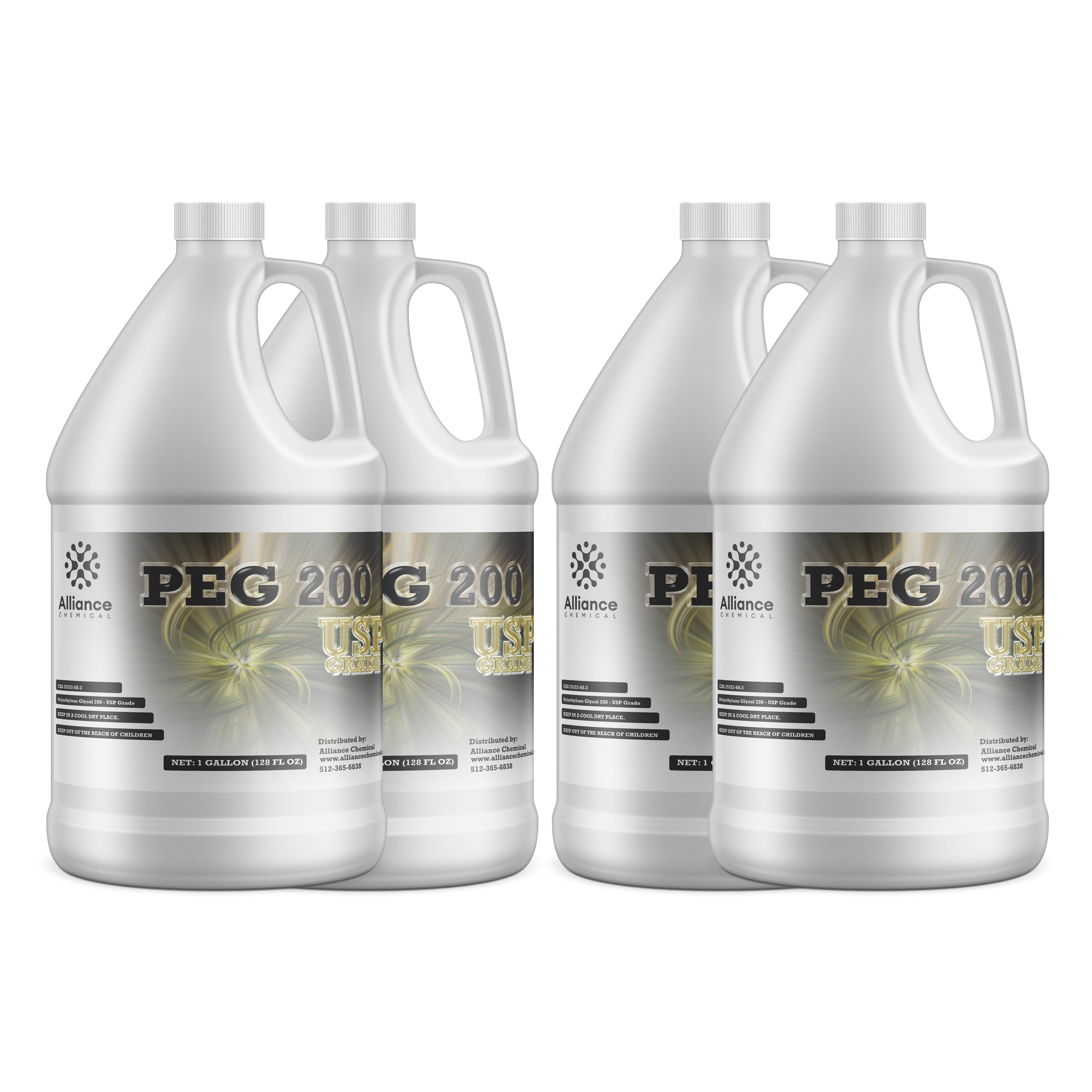 4x1-gallon PEG 200 USP polyethylene glycol in white HDPE containers with Alliance Chemical branding and child safety warnings, distributed by Alliance Chemicals.