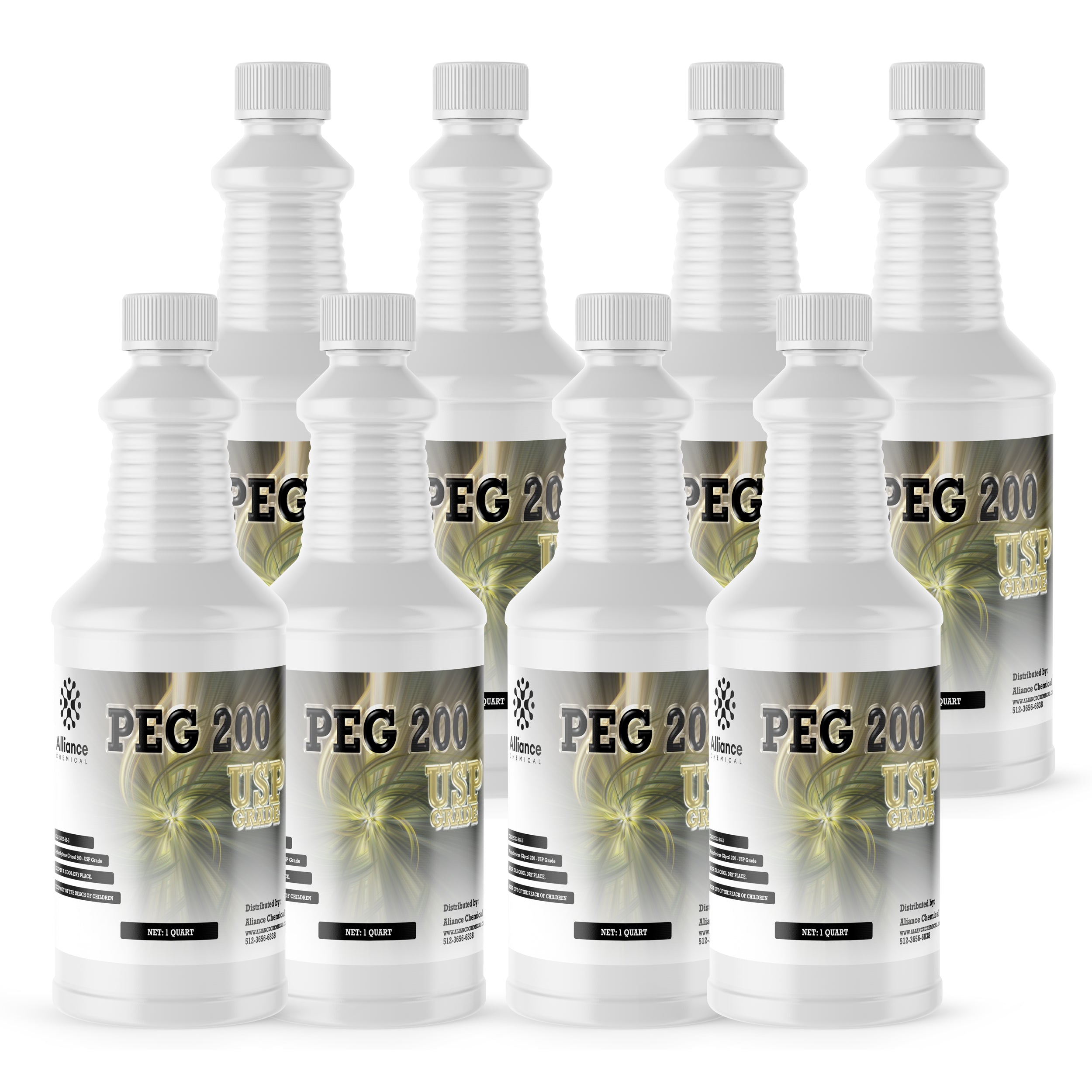 8x1-quart PEG 200 USP polyethylene glycol in white HDPE bottles with ribbed caps, Alliance Chemical brand, industrial-grade liquid formulation.