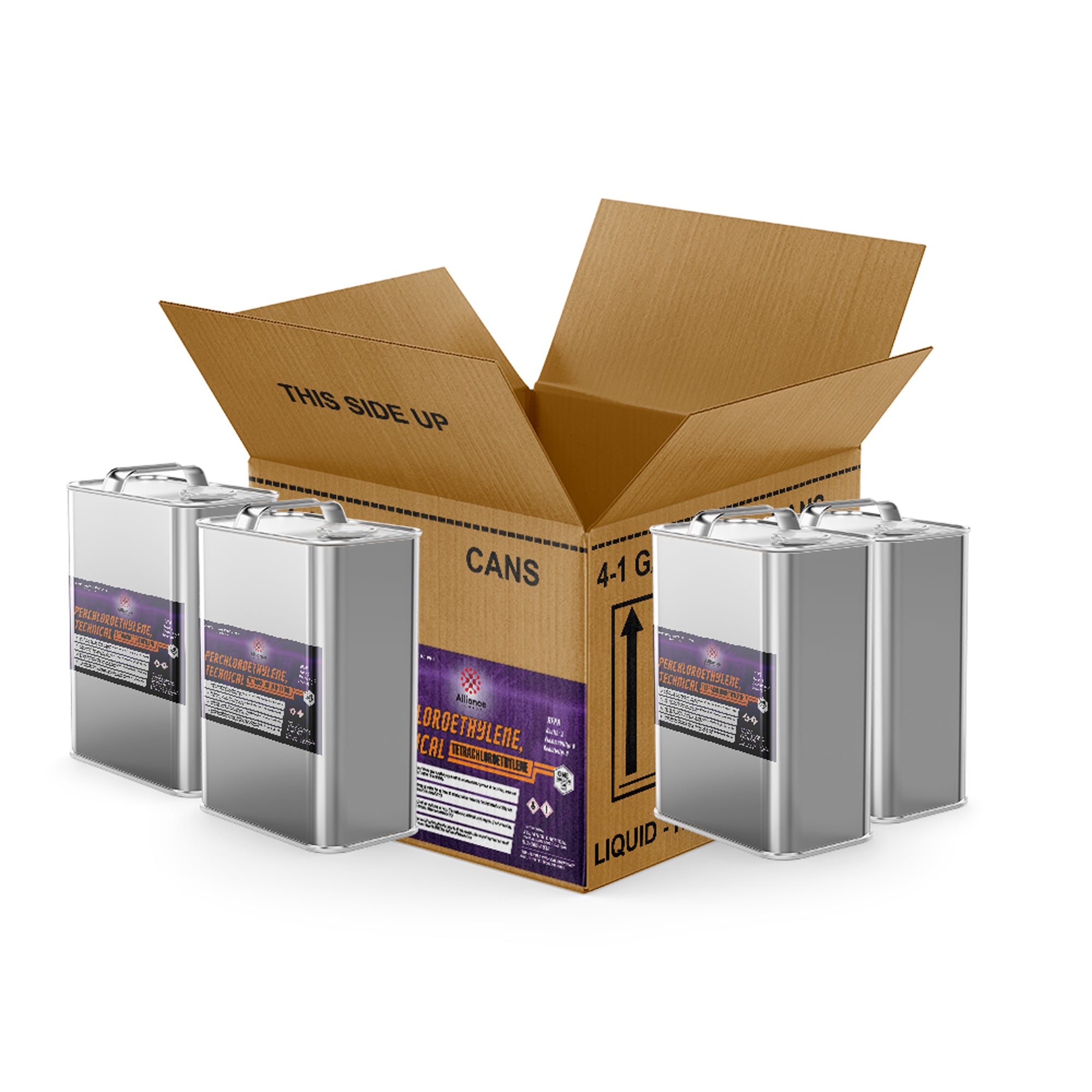 4x1-gallon steel cans of perchloroethylene (PERC) solvent with hazard warning labels, shipped in cardboard box marked THIS SIDE UP and LIQUID.