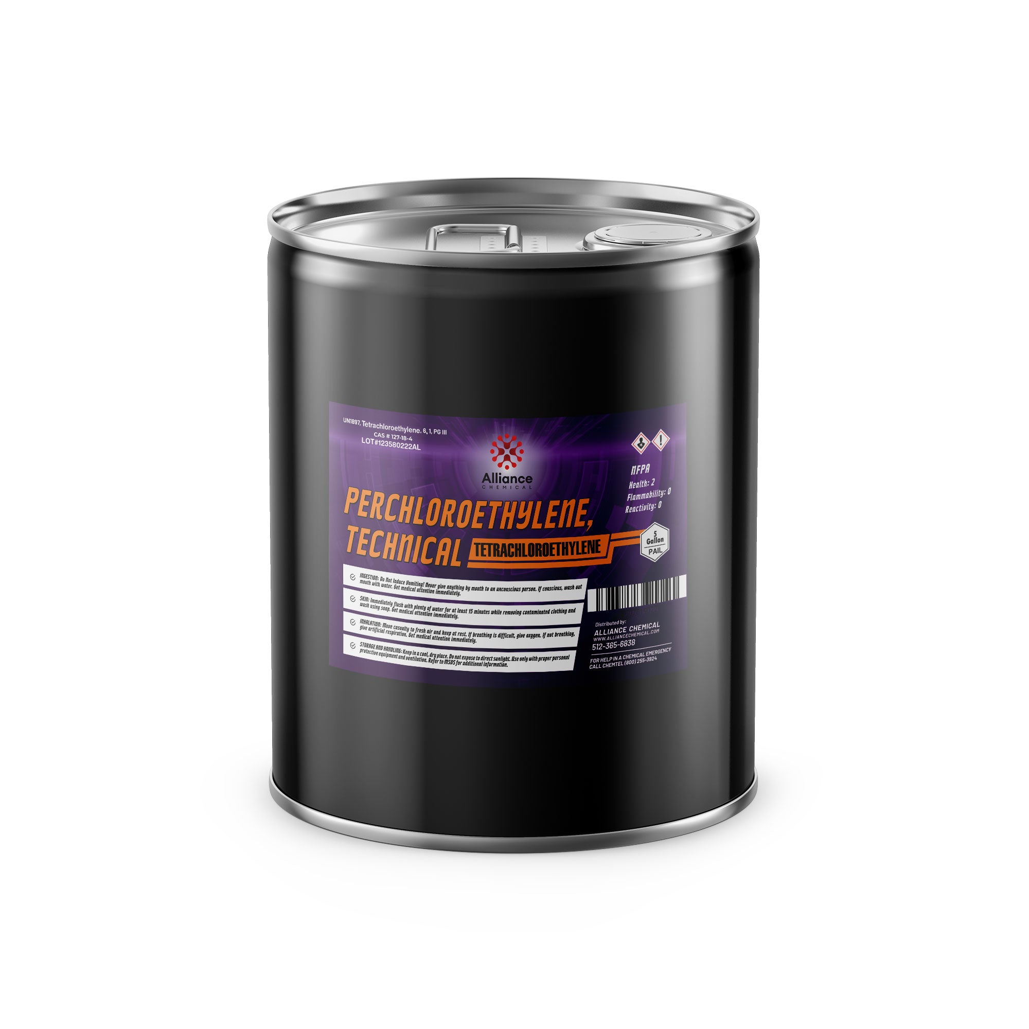 5-gallon black steel drum of technical-grade perchloroethylene (tetrachloroethylene) with purple Alliance Chemical label and hazard warning symbols.