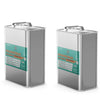 2-quart metal canisters of ACS grade perchloroethylene solvent in silver containers with teal-and-orange labels and hazard warning symbols, industrial grade.