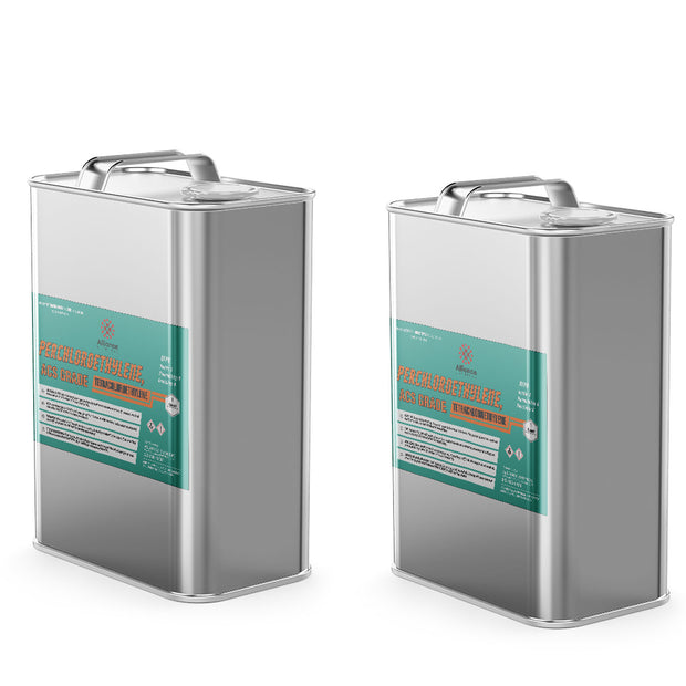 Two 5-gallon steel pails of Alliance Chemical Perchloroethylene ACS Grade with metal handles and product labels.