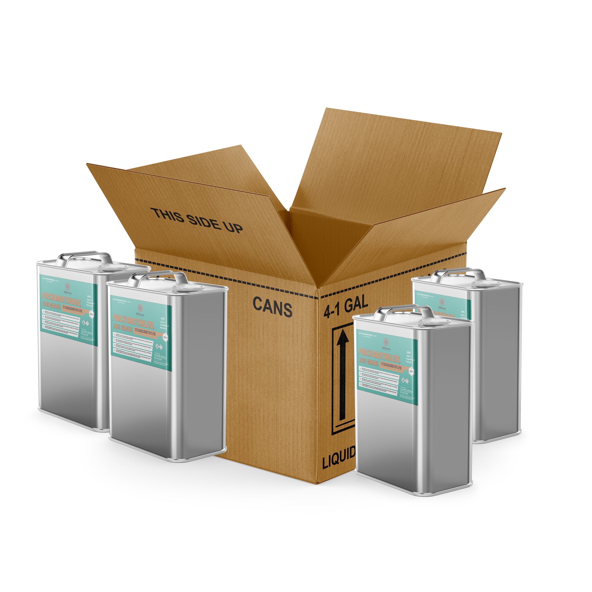 4x1-gallon perchloroethylene ACS grade in sealed metal cans with safety labels, shown with industrial shipping box marked LIQUID and THIS SIDE UP.