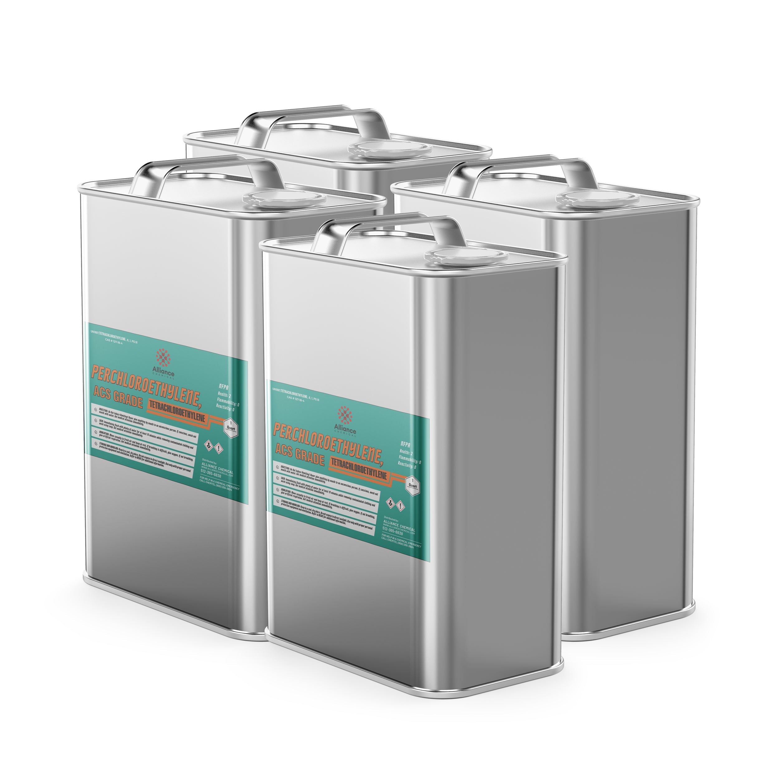 4x1 quart metal canisters of ACS-grade perchloroethylene tetrachloroethylene solvent in silver containers with turquoise labels and hazard symbols.