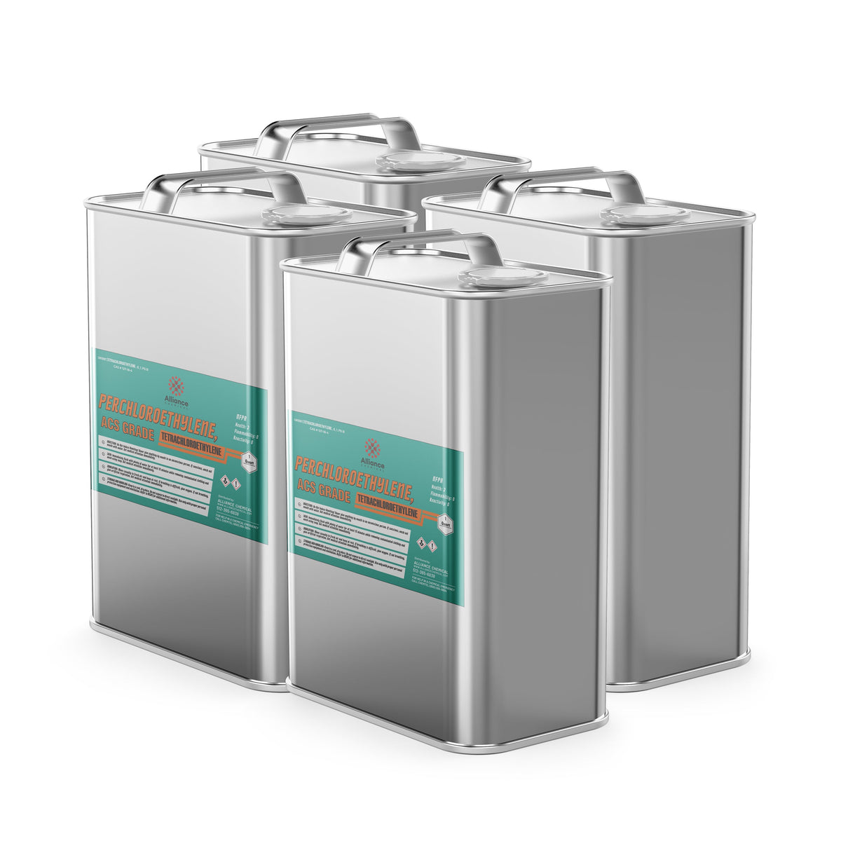 Four Alliance Chemical Perchloroethylene ACS Grade steel jugs with metal handles and labels.