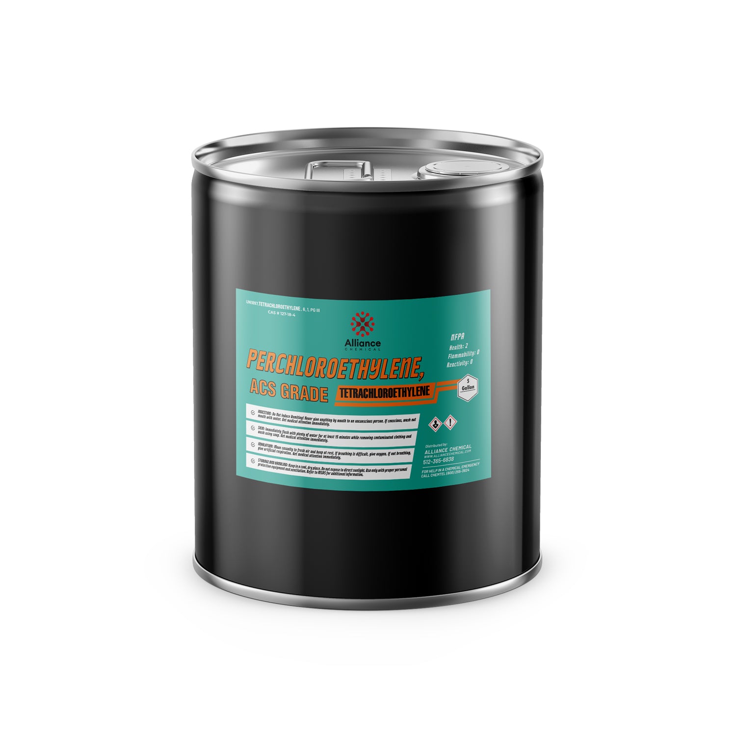 5-gallon black steel drum of ACS-grade Perchloroethylene (Tetrachloroethylene) with teal label, hazmat warning symbols, and secure lid closure.