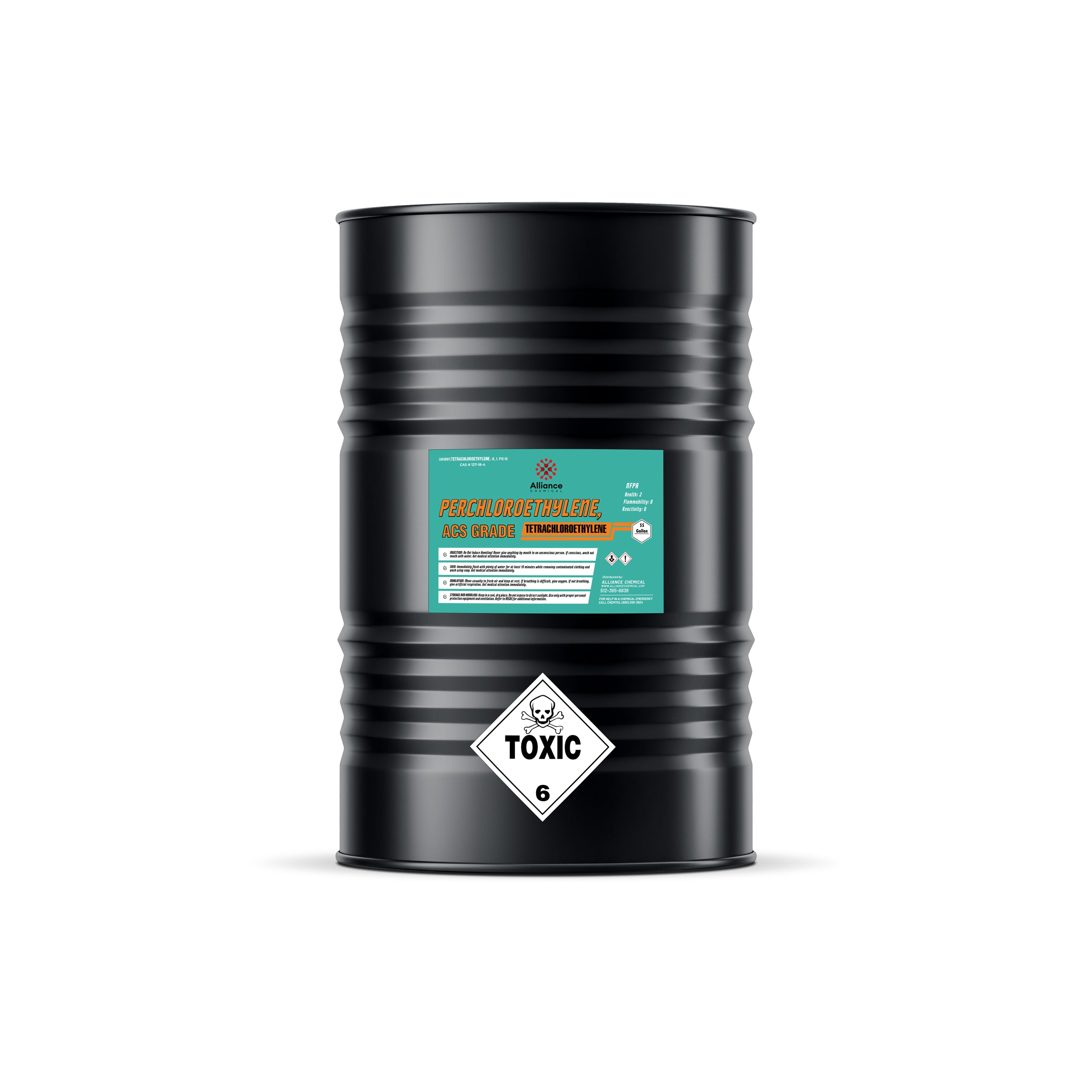 55-gallon black steel drum of ACS grade perchloroethylene with turquoise Alliance label, Class 6 toxic hazard diamond, and ribbed container design.