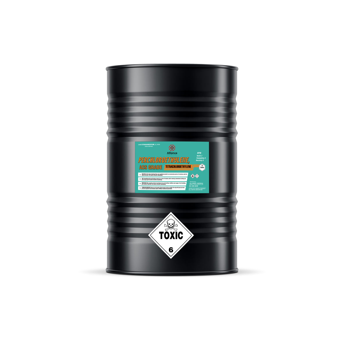Alliance Chemical 55-gallon black steel drum of ACS grade perchloroethylene Class 6 toxic hazard diamond, and ribbed