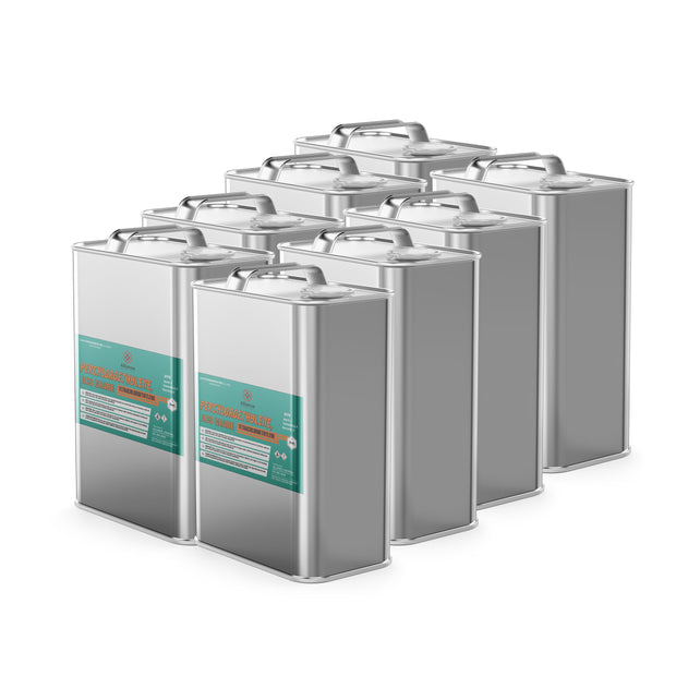 Nine steel pails of Alliance Chemical Perchloroethylene ACS Grade with labels and metal handles.