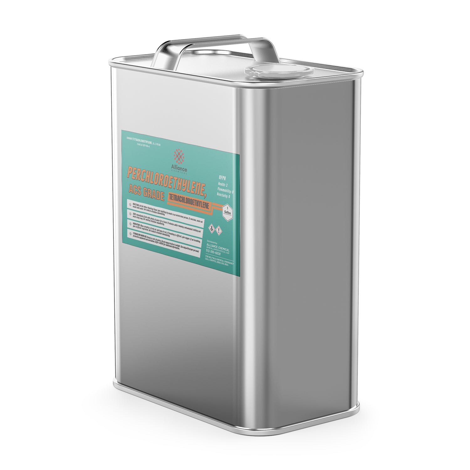 1-gallon metal canister of ACS-grade Perchloroethylene (tetrachloroethylene) with turquoise safety label, hazard symbols, and carrying handle.