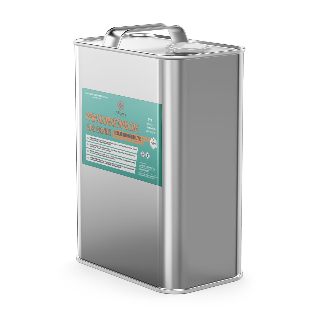 1-gallon steel pail of Alliance Chemical Perchloroethylene ACS Grade with a metal handle and product label.