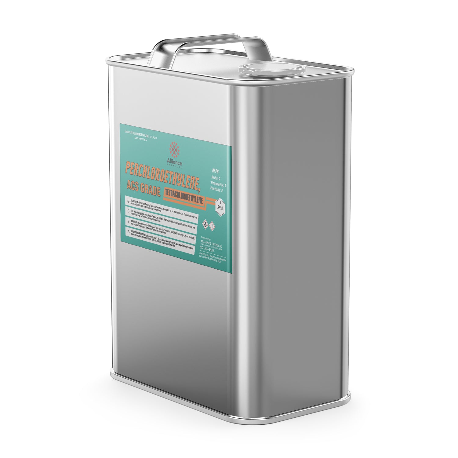 1-quart metal canister of ACS-grade perchloroethylene (tetrachloroethylene) solvent with teal safety label, hazard symbols, and industrial-sealed handle cap.