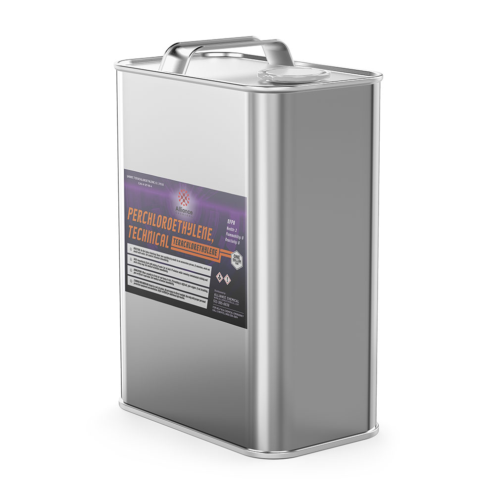 Quart-size steel canister of technical grade perchloroethylene (PERC) solvent with GHS hazard symbols, metal handle and Alliance Chemical label.