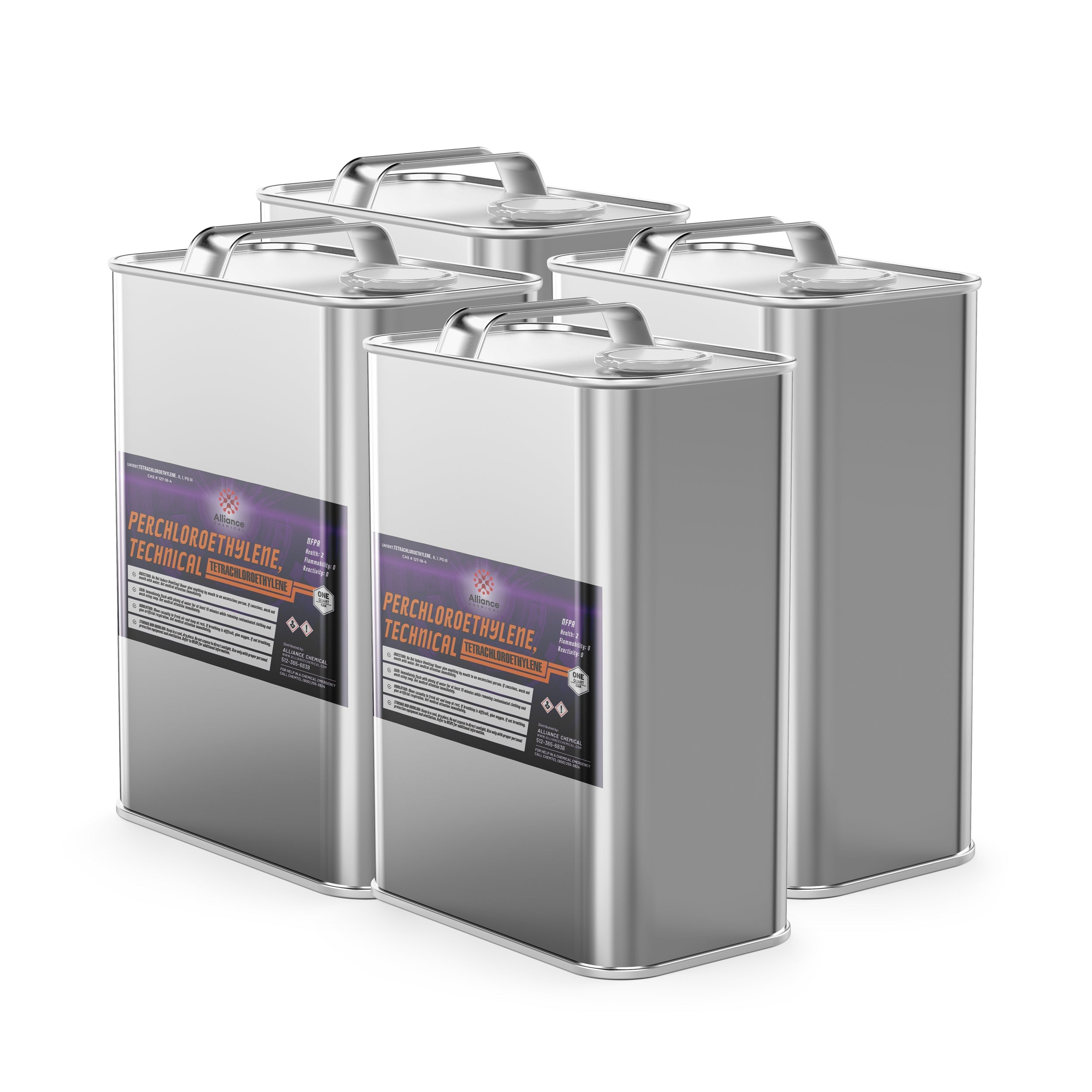 4-quart set of technical-grade perchloroethylene (PERC) in silver metal canisters with hazard warning labels, handles, and secure caps.