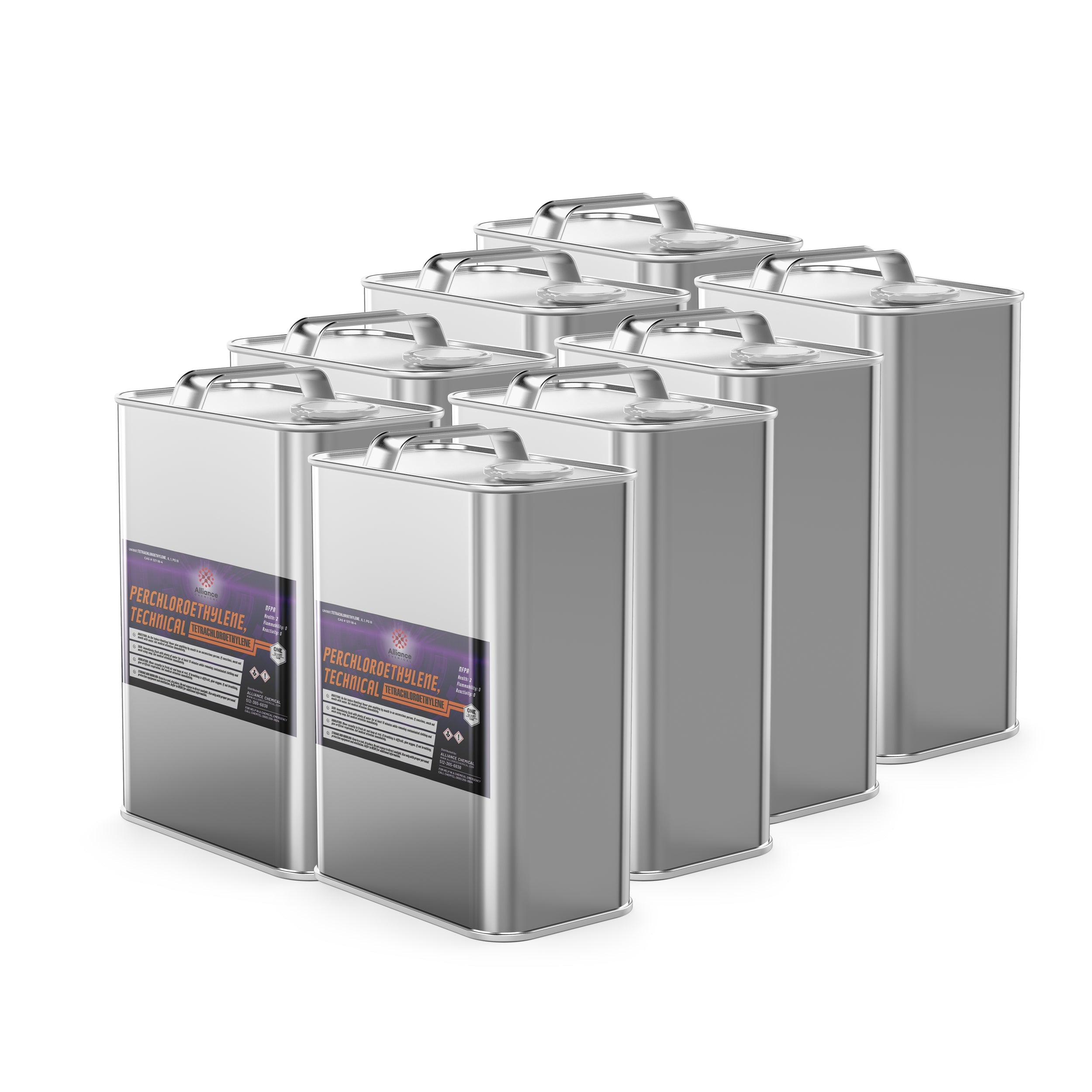 8x1-quart metal canisters of technical-grade perchloroethylene (PERC) solvent with hazard warning labels, silver finish, industrial safety markings.