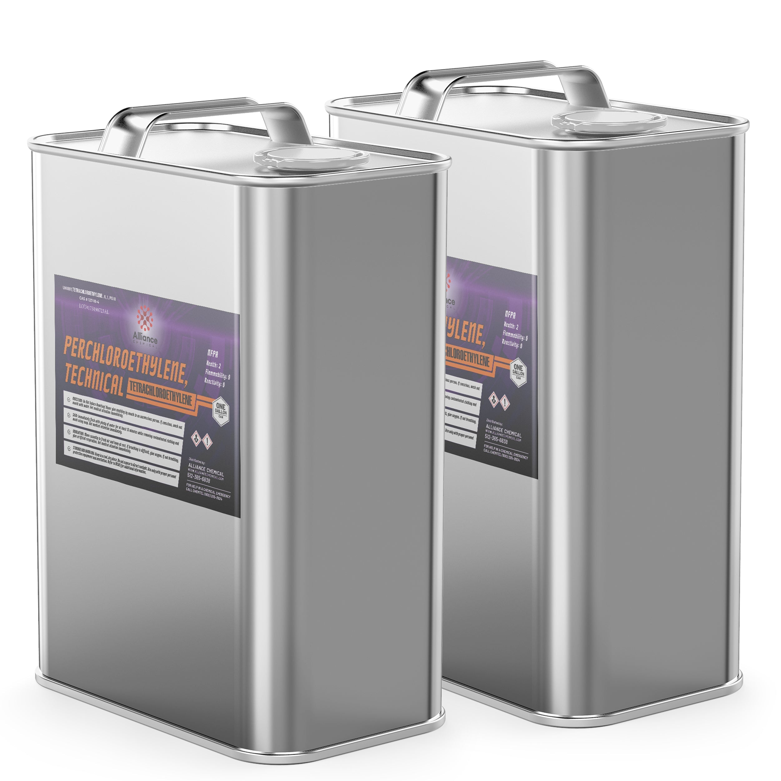 2-gallon steel canisters of technical-grade Perchloroethylene (PERC) with hazard warning labels, handles, and sealed caps in metallic silver finish.