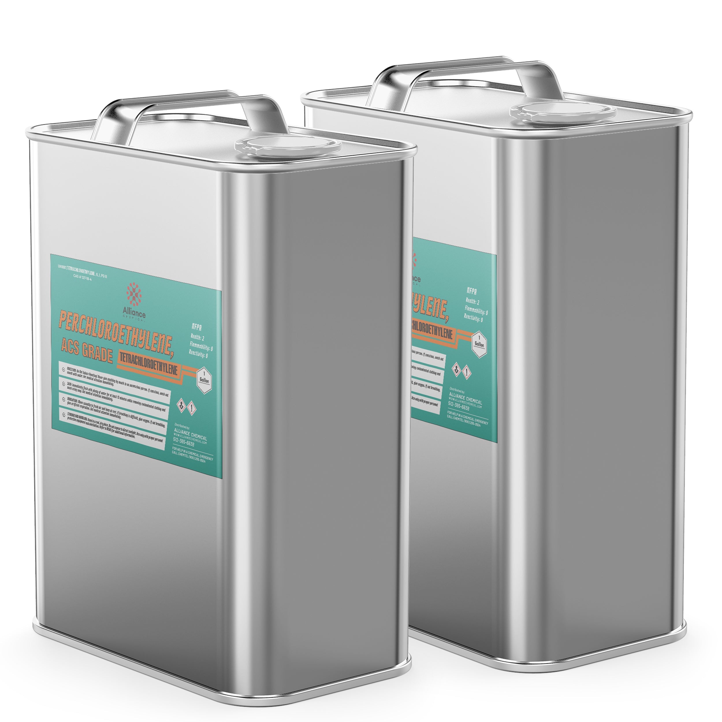 2-gallon stainless steel canisters of ACS-grade Perchloroethylene (tetrachloroethylene) with turquoise safety labels and hazard symbols, featuring carry handles.