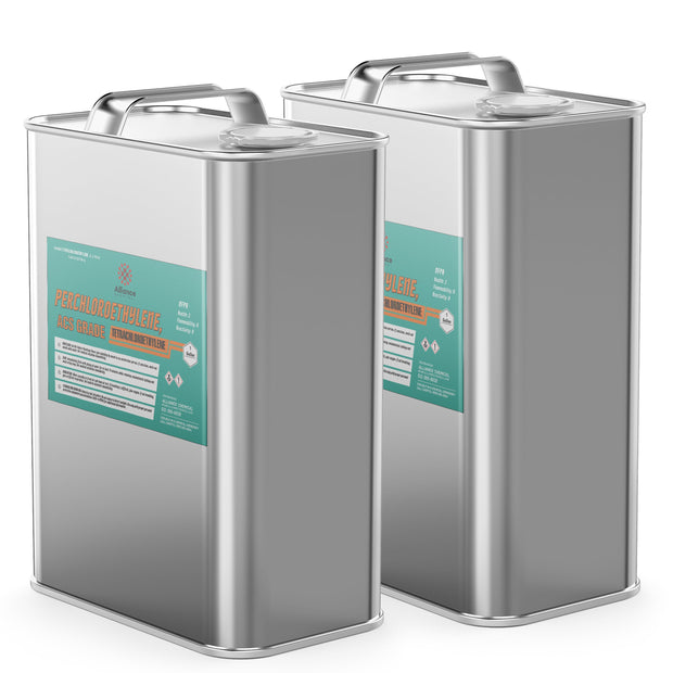 Two 1-gallon steel pails of Alliance Chemical Perchloroethylene ACS Grade with labels and metal handles.