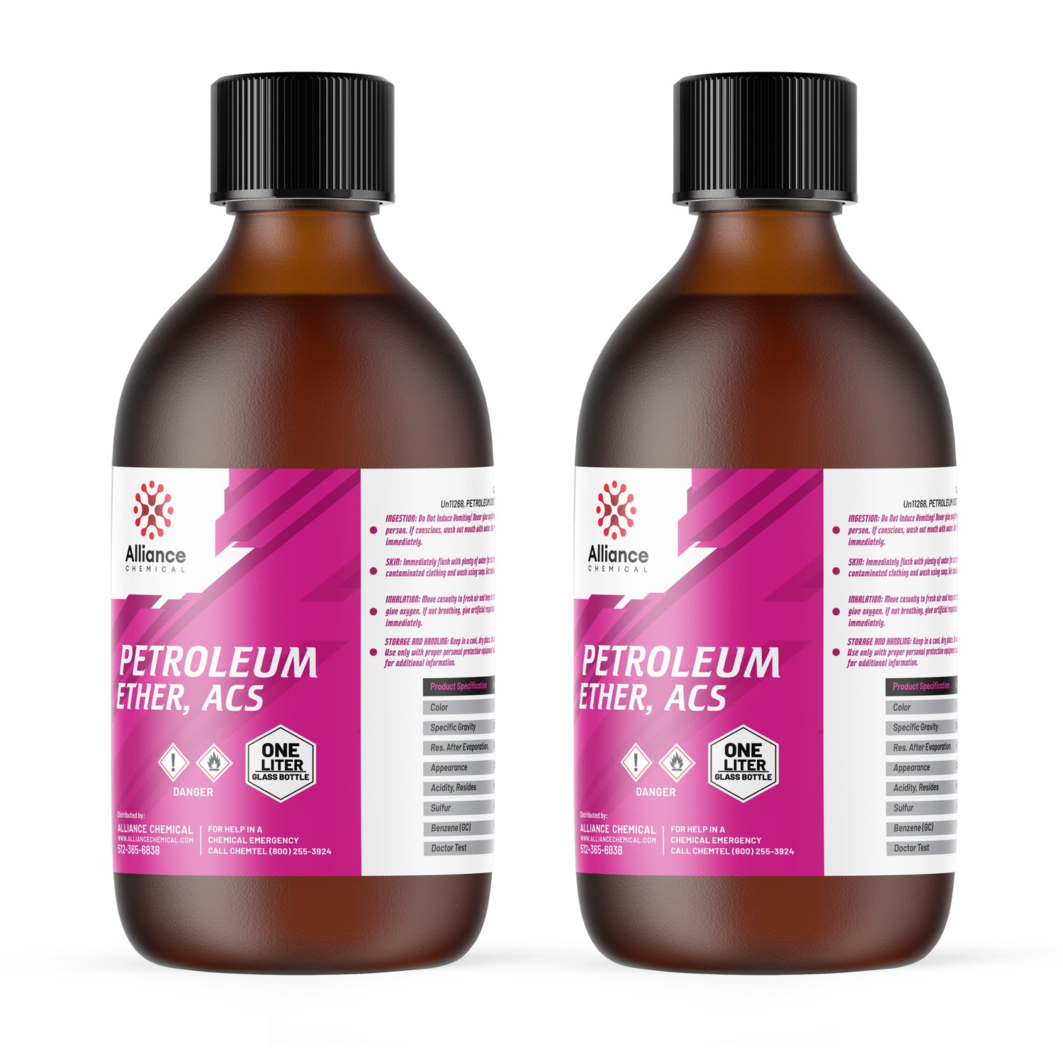 One-liter amber glass bottles of petroleum ether ACS reagent-grade, featuring Alliance Chemical branding, danger symbols, and pink/magenta safety labels with CHEMTEL emergency contact.