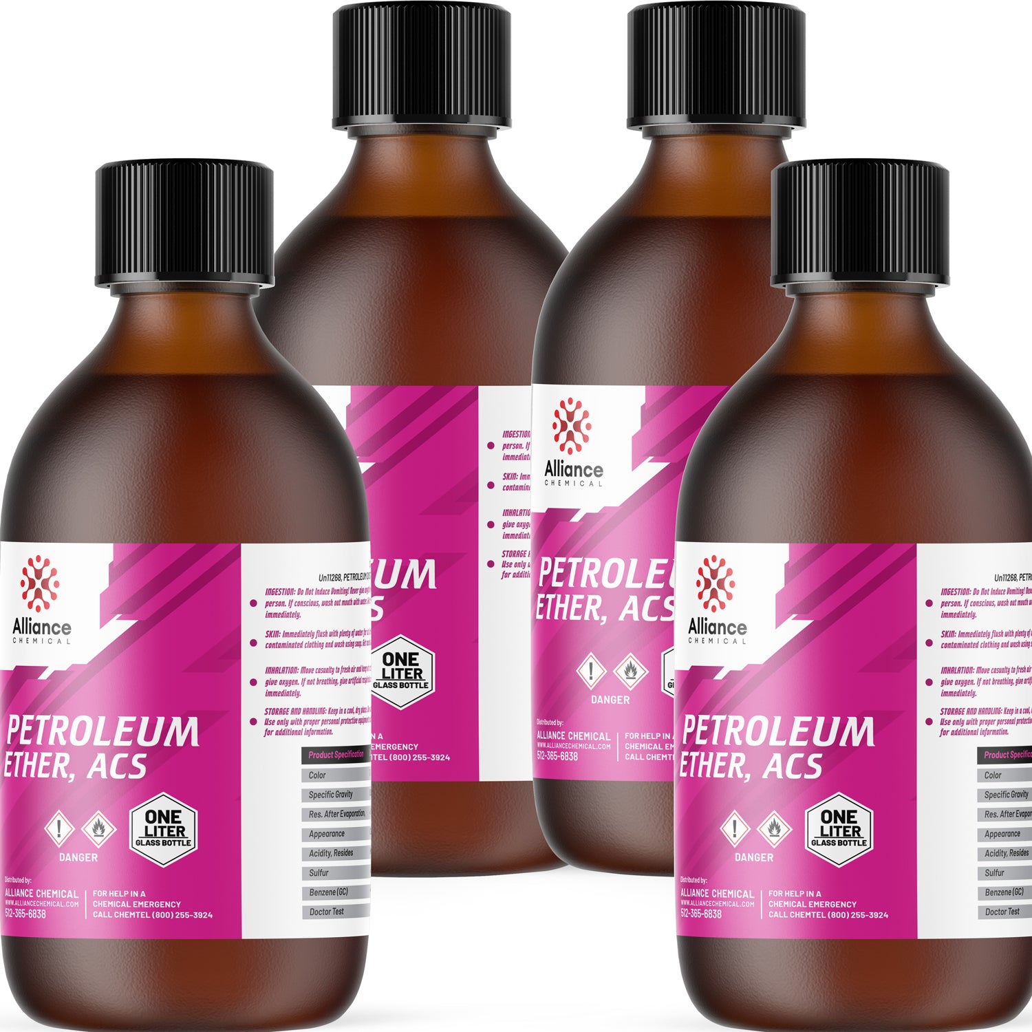 1L amber glass bottles of Petroleum Ether ACS reagent-grade solvent from Alliance Chemical, featuring pink labels with flammable/danger symbols and safety information.