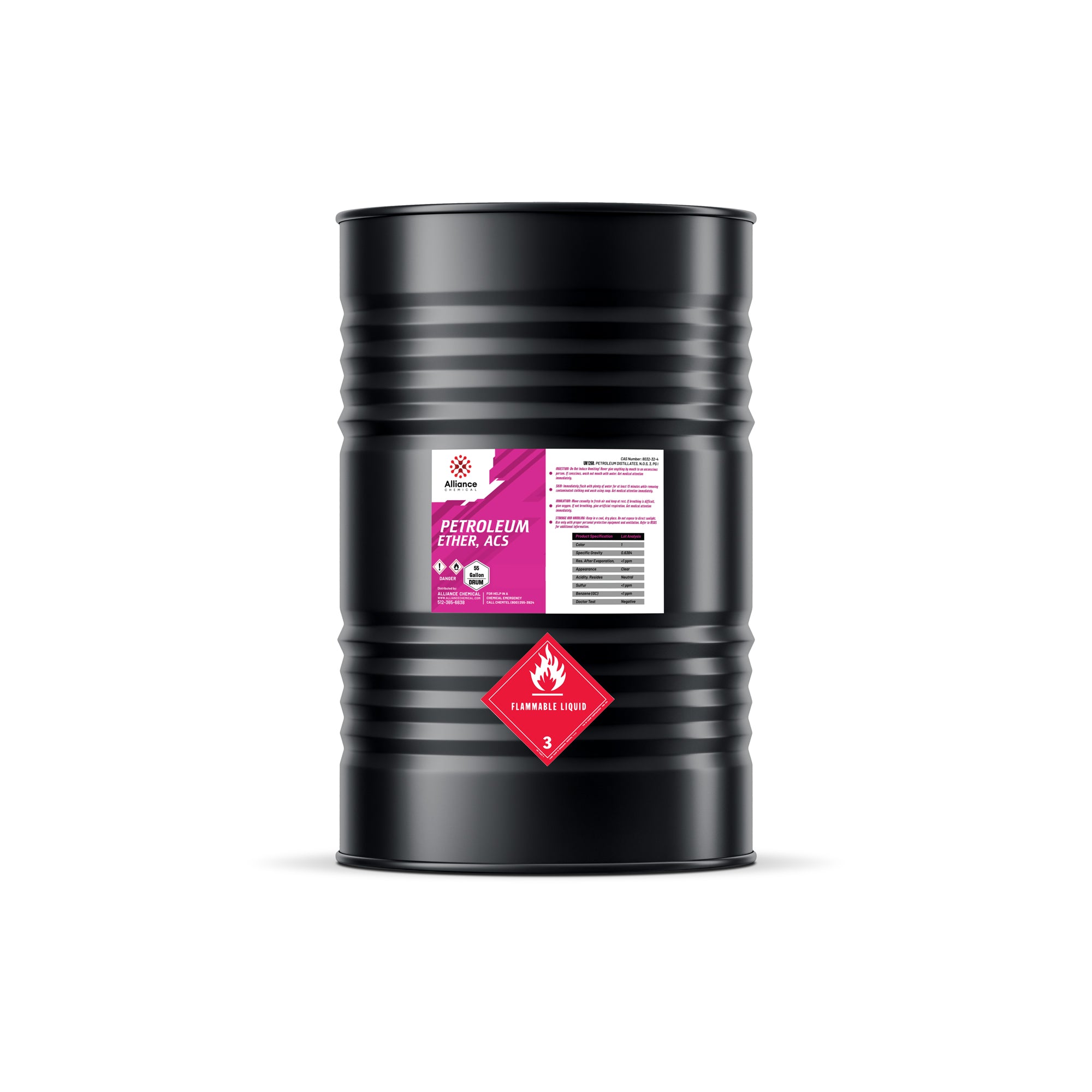55-gallon black steel drum of Petroleum Ether ACS reagent-grade solvent with Alliance Chemical label, Class 3 flammable liquid warning placard, and ribbed exterior.