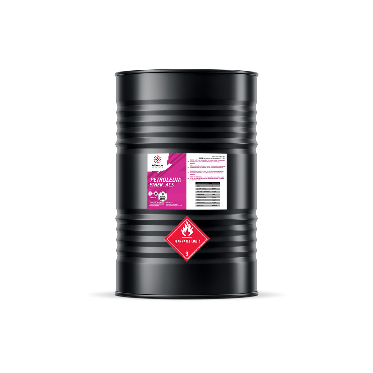 55-gallon black steel drum of Petroleum Ether ACS reagent-grade solvent with Alliance Chemical label, and ribbed exterior