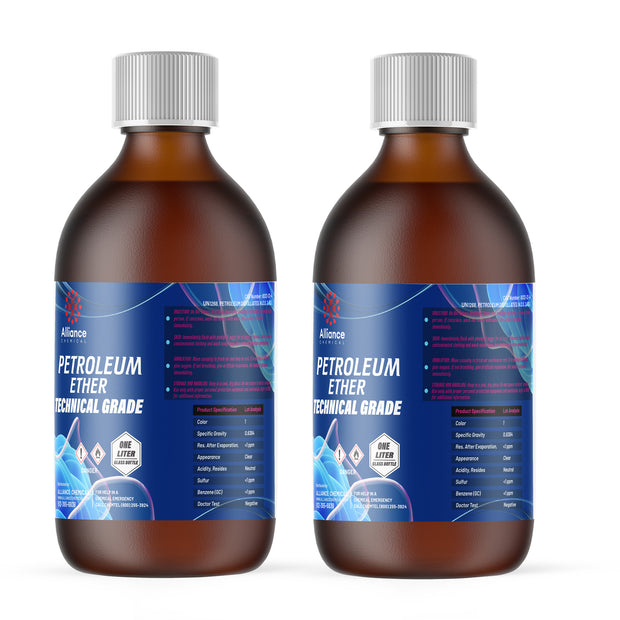 Alliance Chemical 1L technical-grade Petroleum Ether in amber glass bottles with white caps, and product specifications