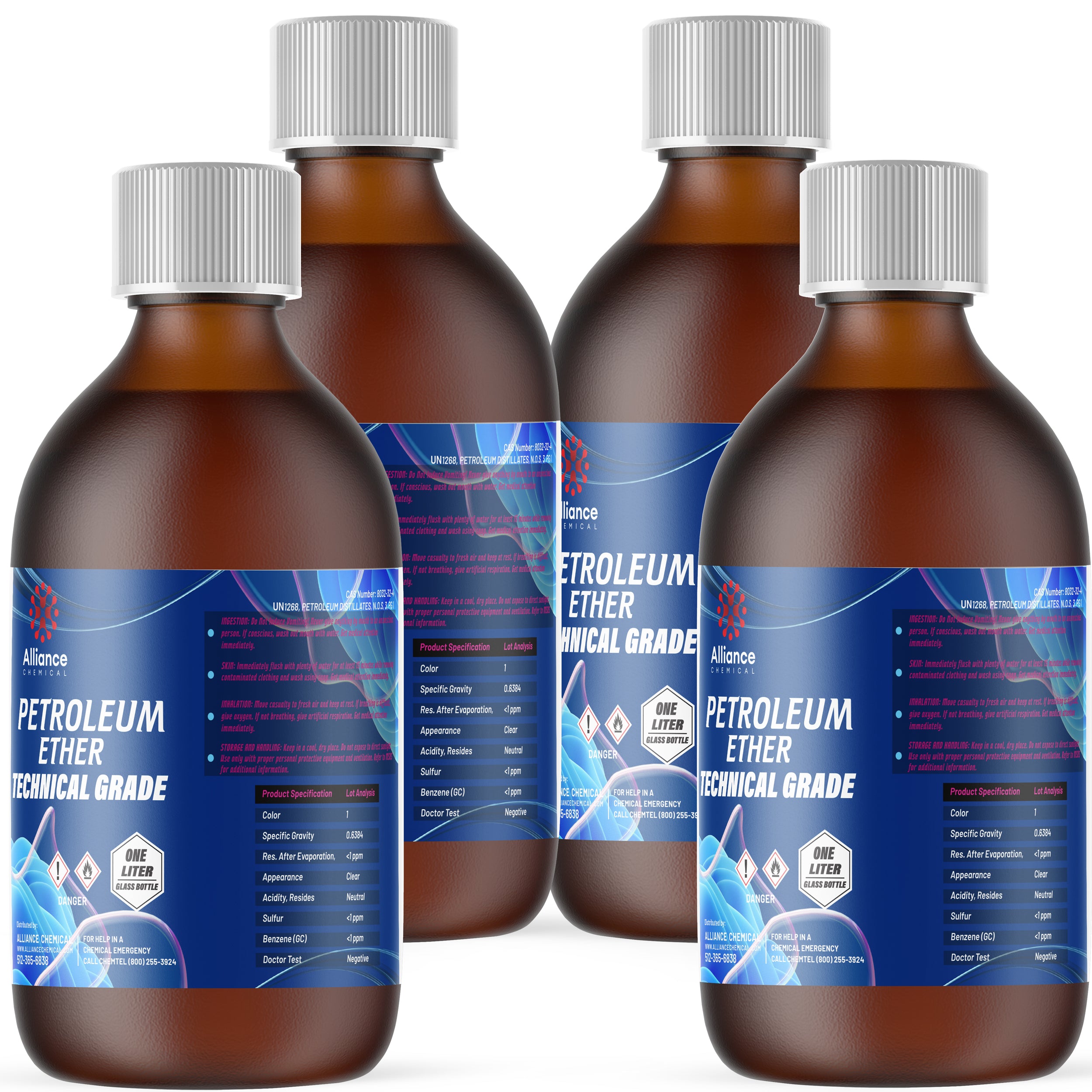 1L amber glass bottles of technical-grade petroleum ether with hazard diamond symbols, blue product labels, white screw caps, and detailed specification chart on label.