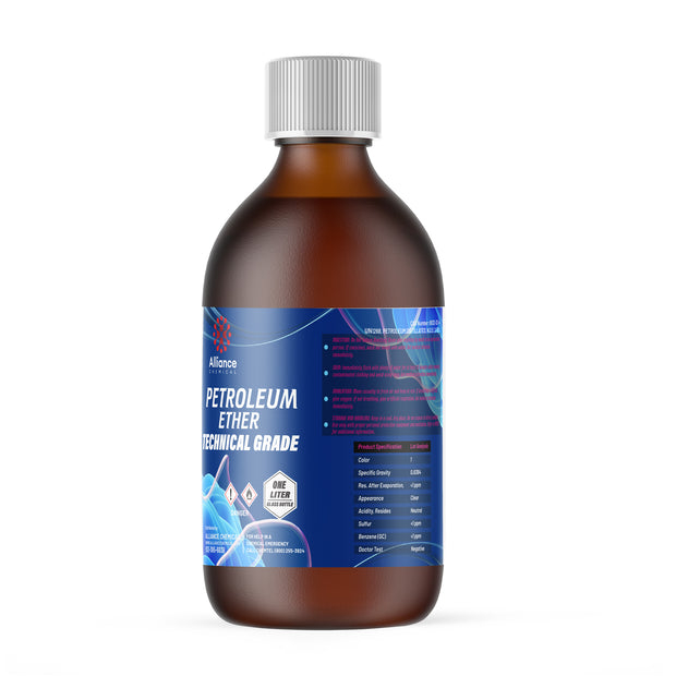 1L amber glass bottle of technical-grade petroleum ether with GHS flammable/irritant warning symbols, blue Alliance Chemical