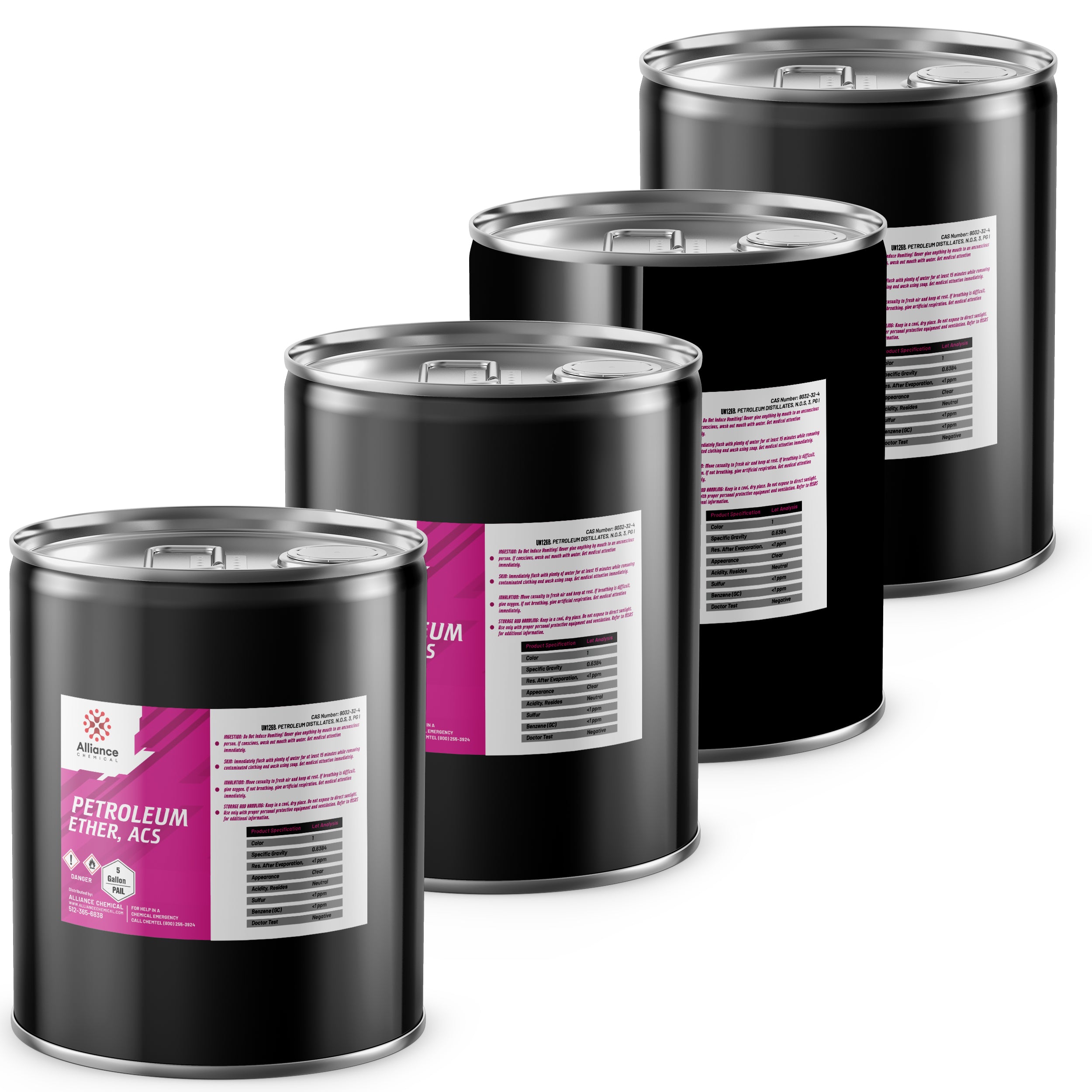 4x5-gallon black steel drums of Petroleum Ether ACS reagent-grade solvent with flammable/toxic hazard symbols, Alliance Chemical branded labels in pink accent.