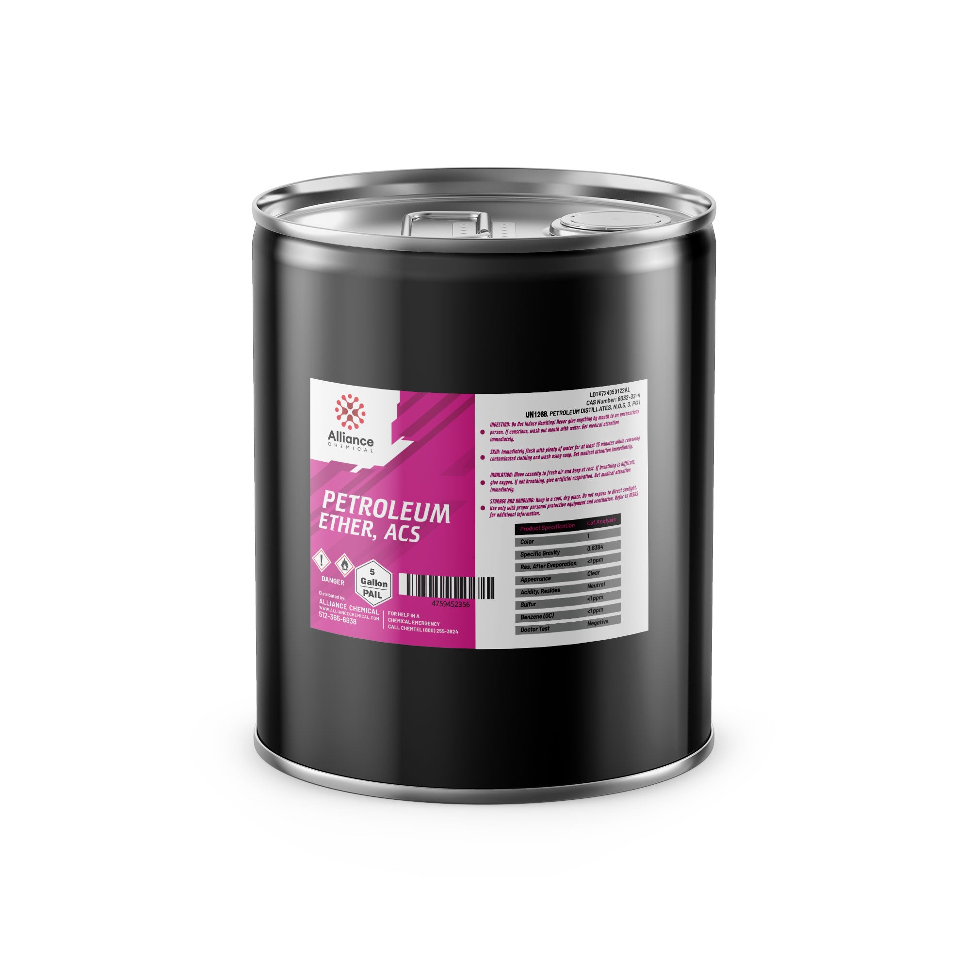 5-gallon steel drum of ACS-grade Petroleum Ether by Alliance Chemical, black container with pink label, flammable and danger symbols, sealed metal lid.