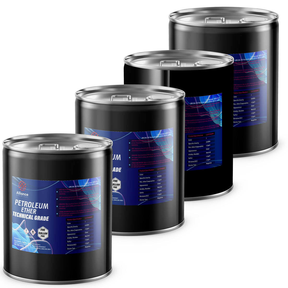 Four 5-gallon steel pails of Alliance Chemical Petroleum Ether Technical Grade with silver lids and blue product labels