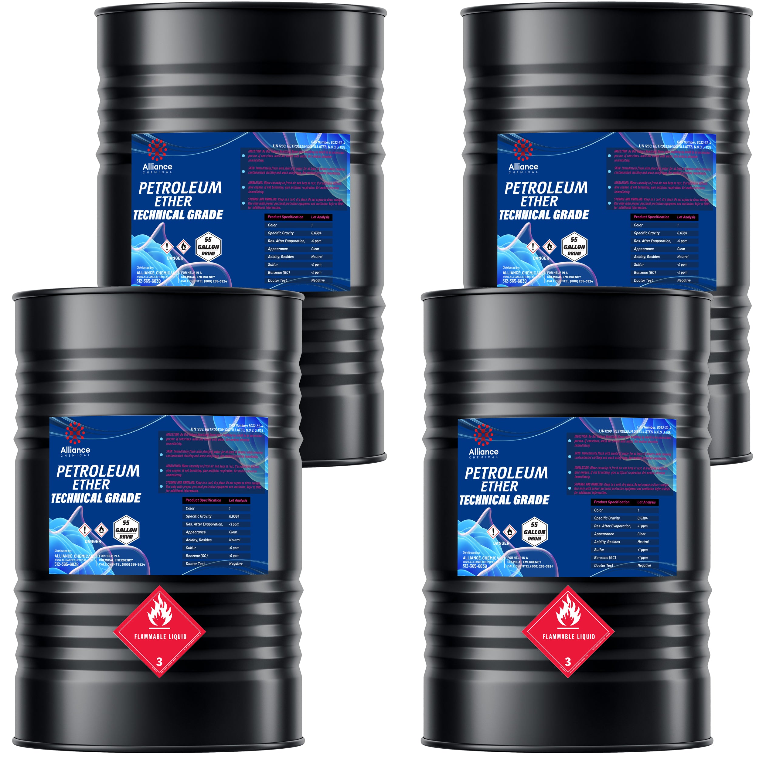 55-gallon drums of technical-grade petroleum ether solvent by Alliance Chemical, labeled with Class 3 flammable liquid warning symbols, blue product labels showing specifications.